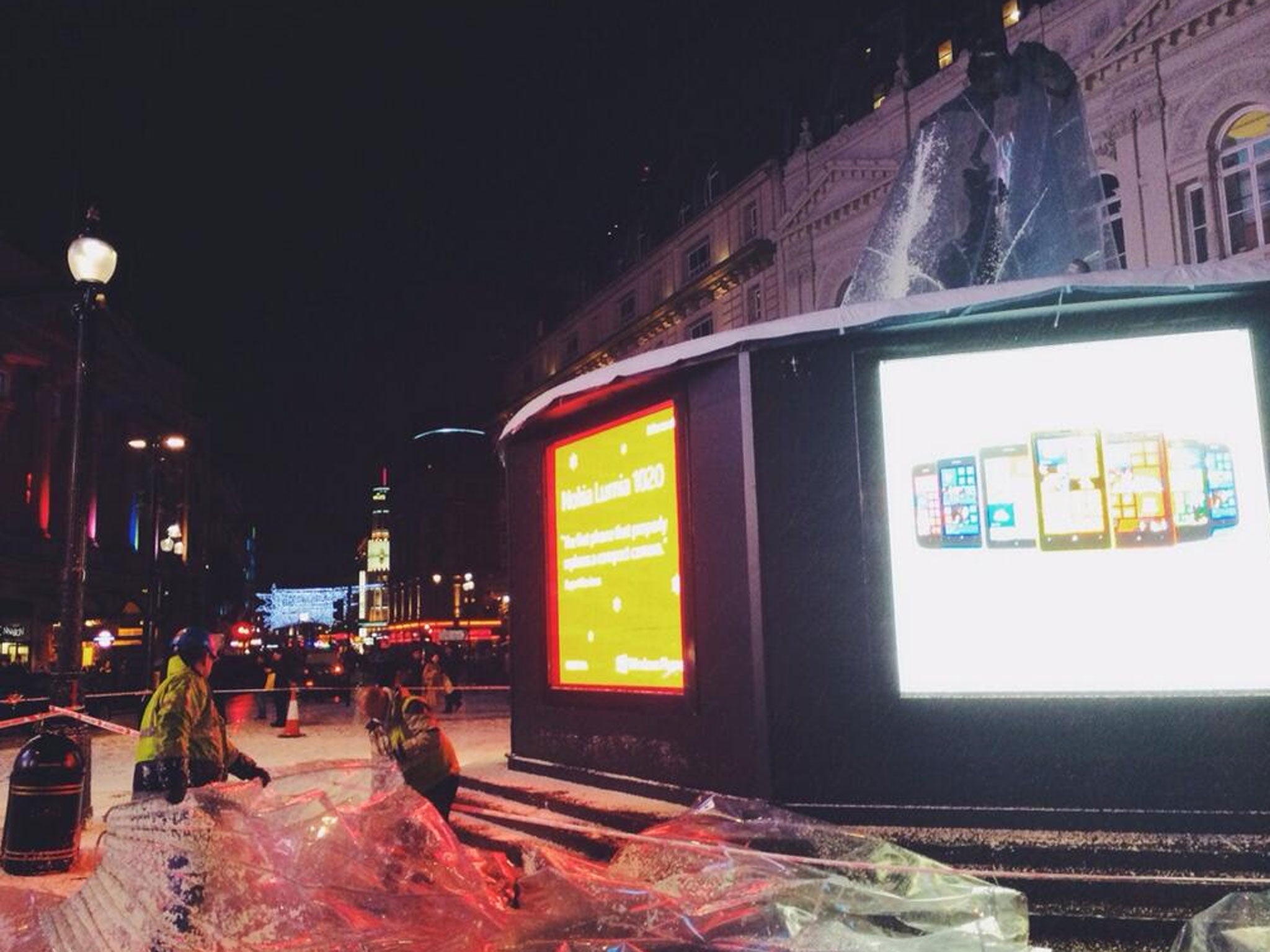 The snow globe in Piccadilly Circus, London, which was installed over the statue of Eros to shelter it from vandals over the Christmas season, was another victim of the strong winds that are blowing across the Capital