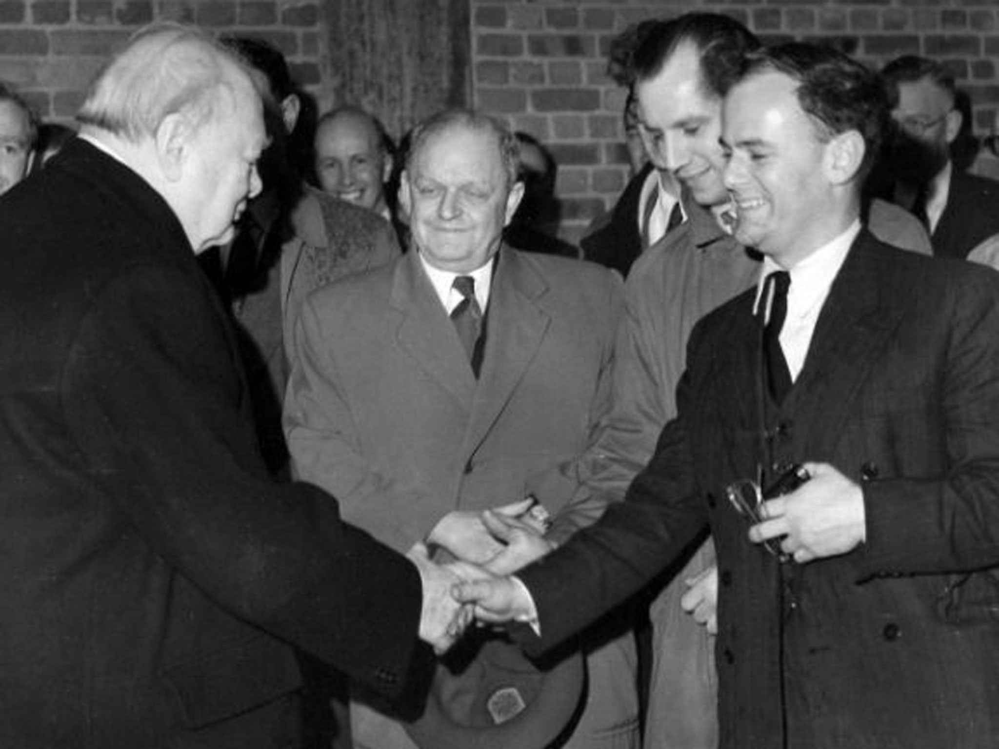 Mayhew, right, meets Sir Winston Churchill in 1954, when Churchill was the Chancellor of Bristol University