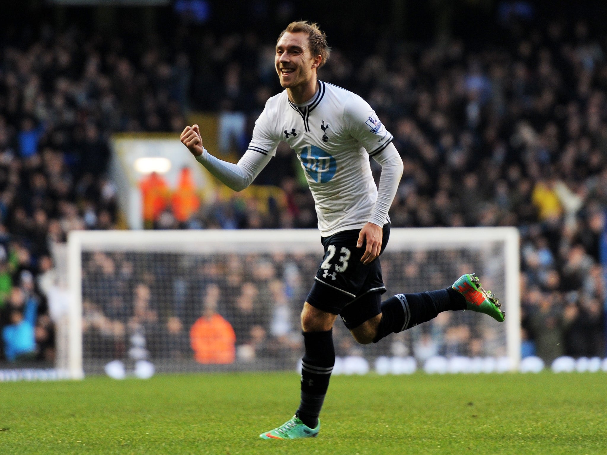 Christian Eriksen celebrates after scoring for Tottenham against West Brom