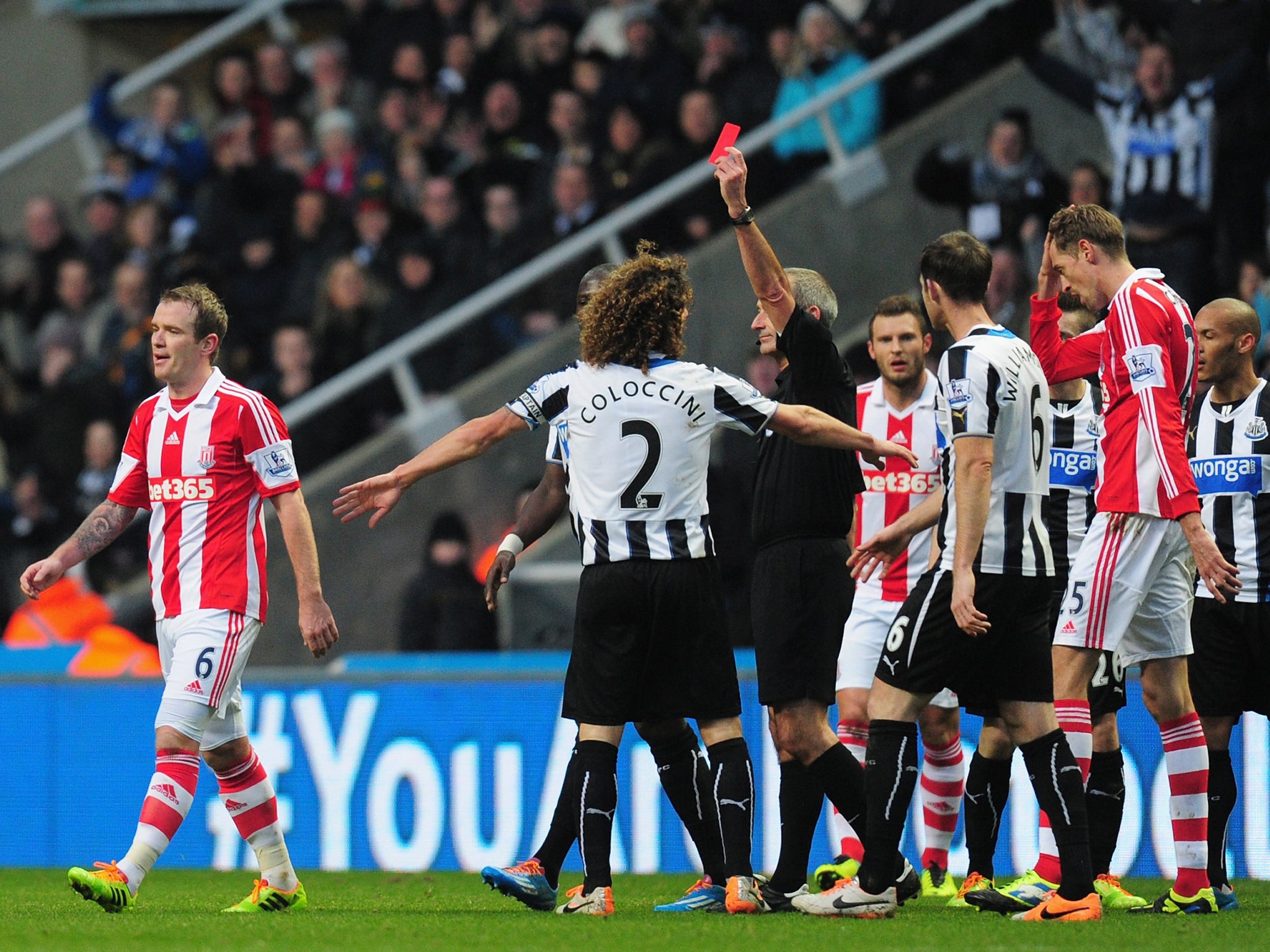 Glenn Whelan is sent-off for Stoke in their match against Newcastle United.