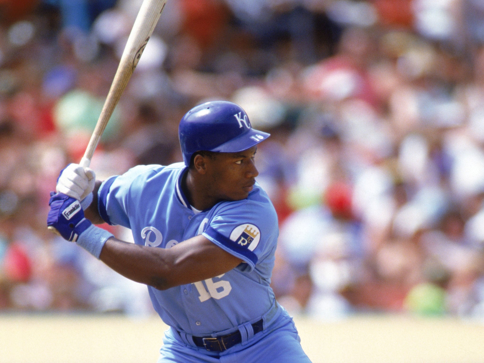 Bo Jackson of the Kansas City Royals stands ready at the plate during a game against the Oakland Athletics at Oakland-Alameda County Coliseum in 1990