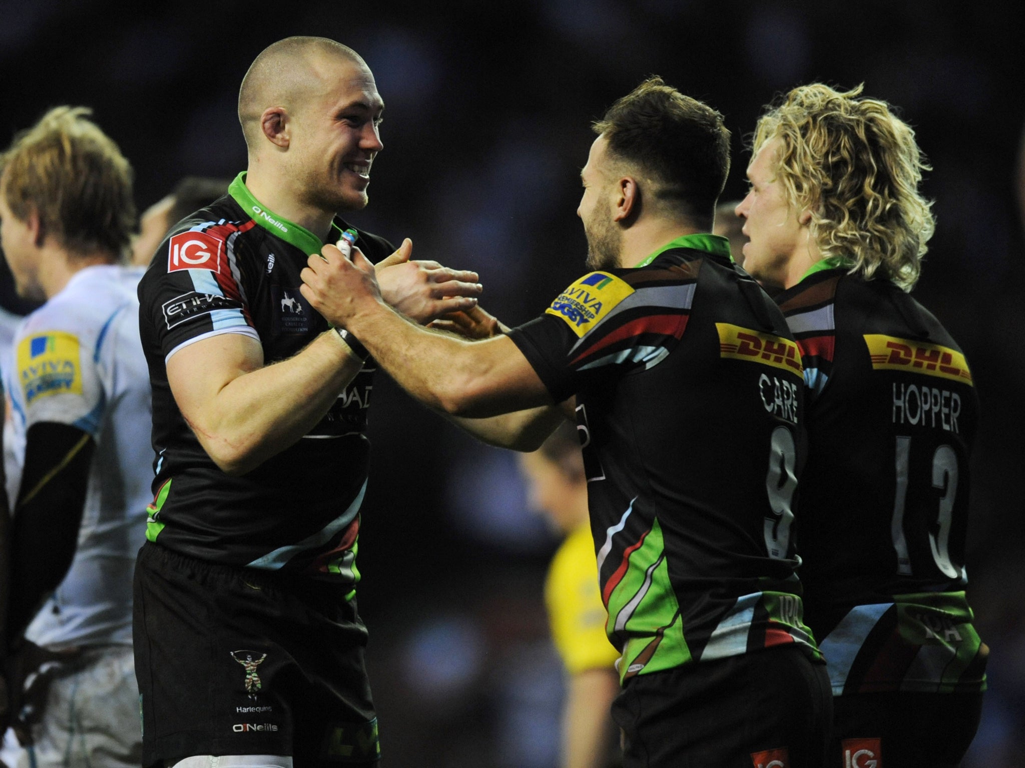 Harlequins full-back Mike Brown celebrates with England teammate Danny Care after scoring against Exeter Chiefs at Twickenham