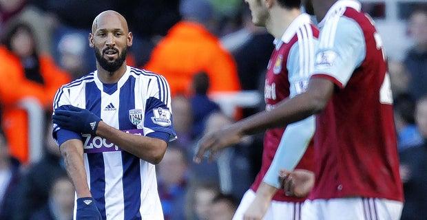 Nicolas Anelka appears to make the 'la quenelle' gesture after scoring the first goal for West Brom in the 3-3 draw against West Ham