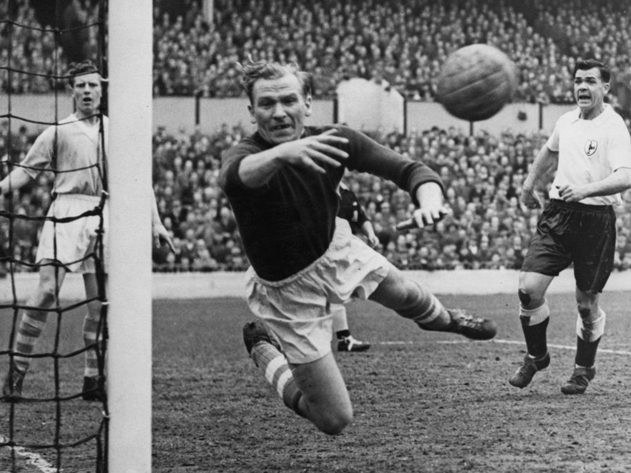 City’s Bert Trautmann in action against Spurs