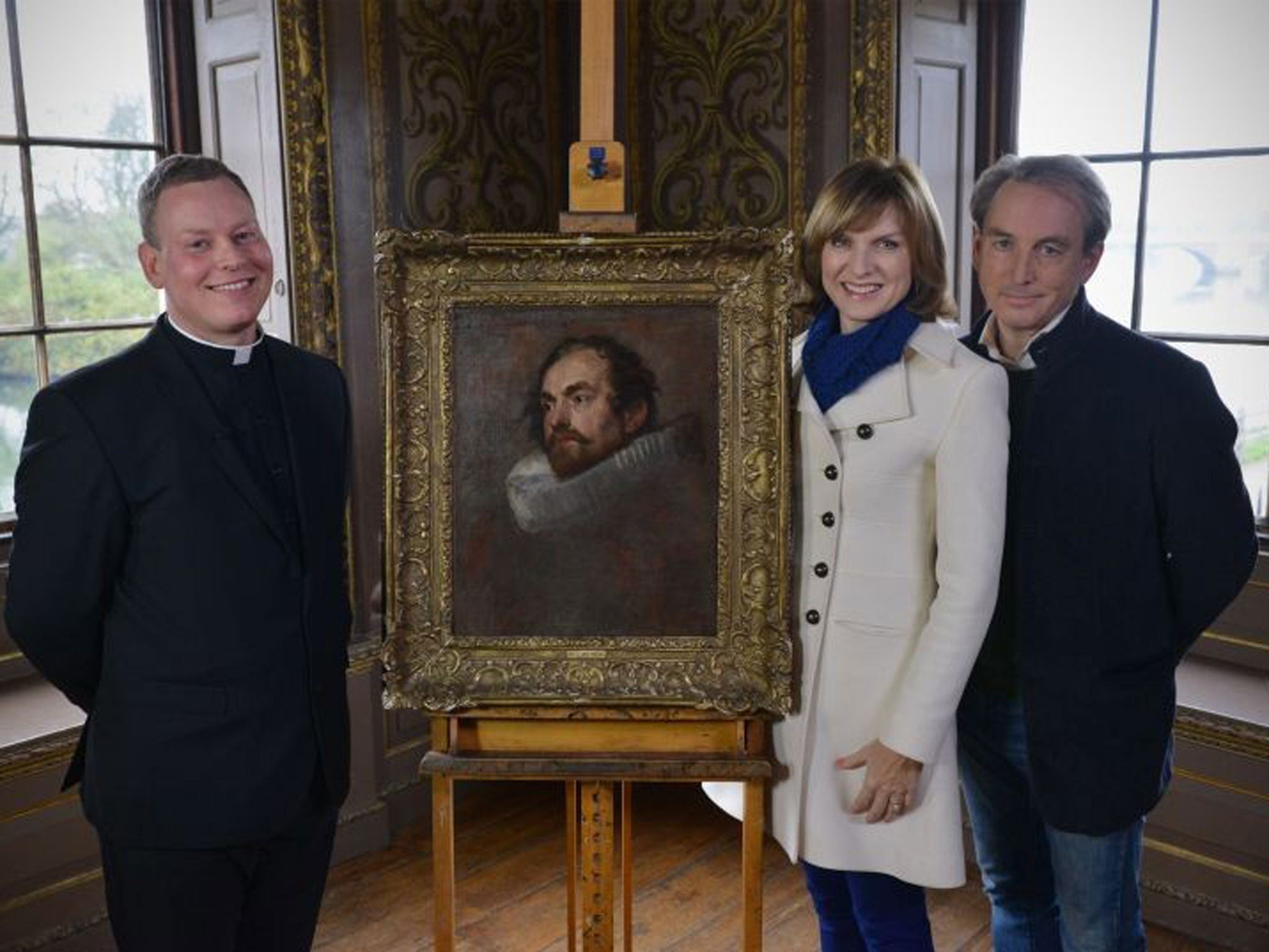 Father Jamie, Fiona Bruce and expert Philip Mould with the restored van Dyck masterpiece