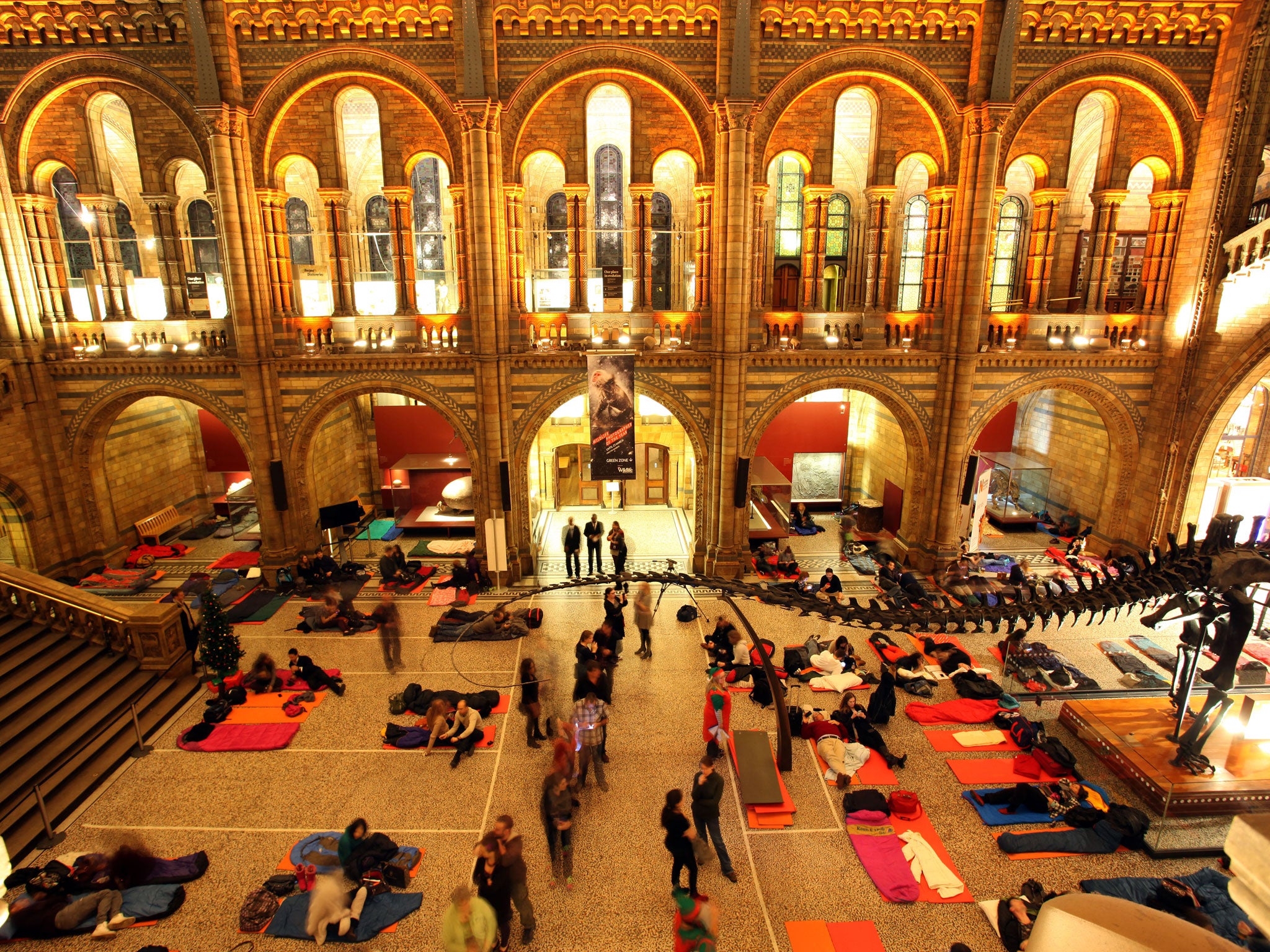 Guests came suitably attired for the sleepover in the museum's imposing entrance hall