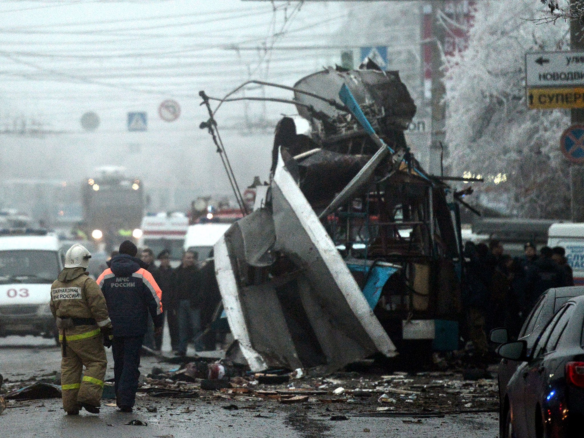 The trolleybus destroyed by a suicide bomb in Volgograd