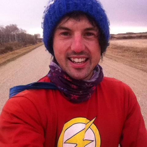 Fundraiser Jamie McDonald who is running across Canada dressed as The Flash to raise money for children's hospitals.