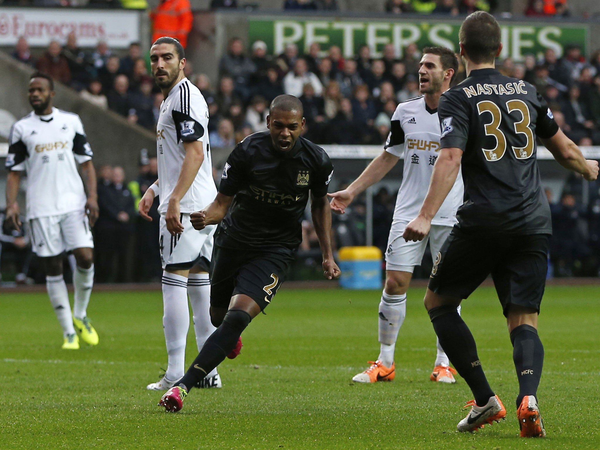 Fernandinho celebrates after scoring the first goal in Manchester City's 3-2 victory over Swansea