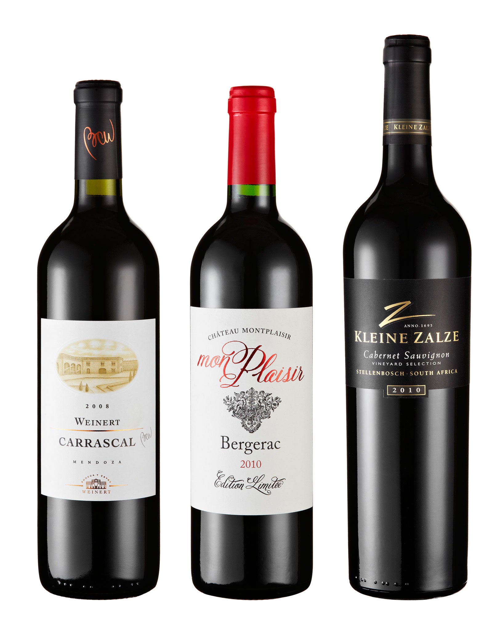 Weinert Carrascal, 2008; Mon Plaisir Bergerac 2010; Kleine Zalze Vineyard Selection Cabernet Sauvignon 2010