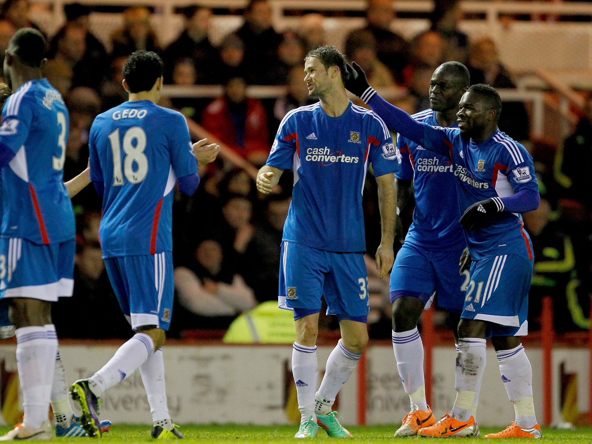Nick Proschwitz celebrates after scoring for Hull City against Middlesbrough