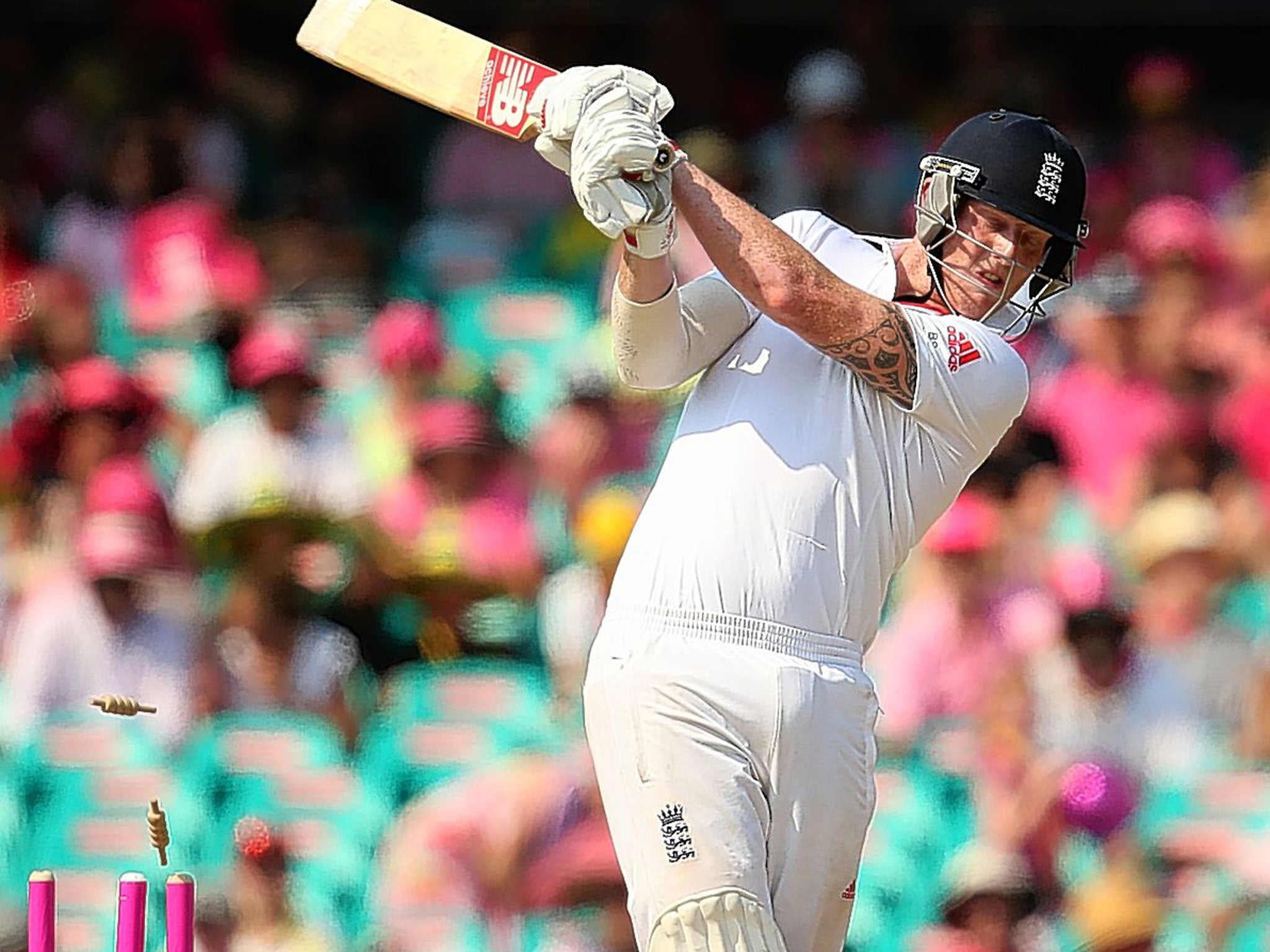 Ben Stokes is bowled by Ryan Harris