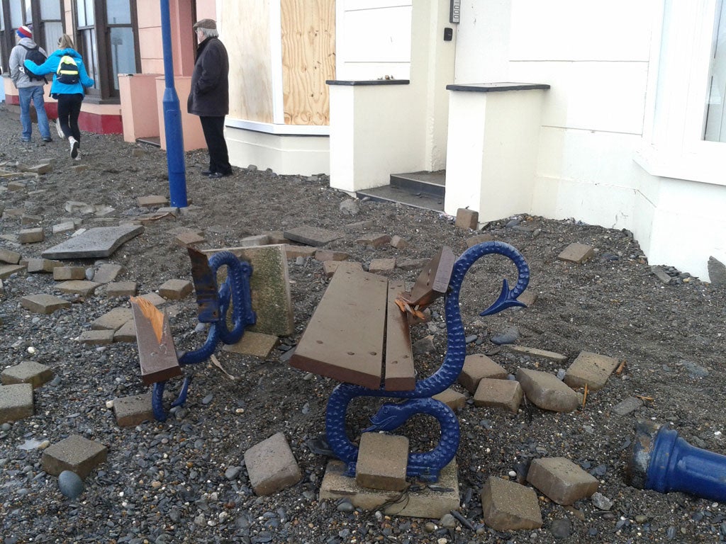 A broken bench on the Aberystwyth seafront