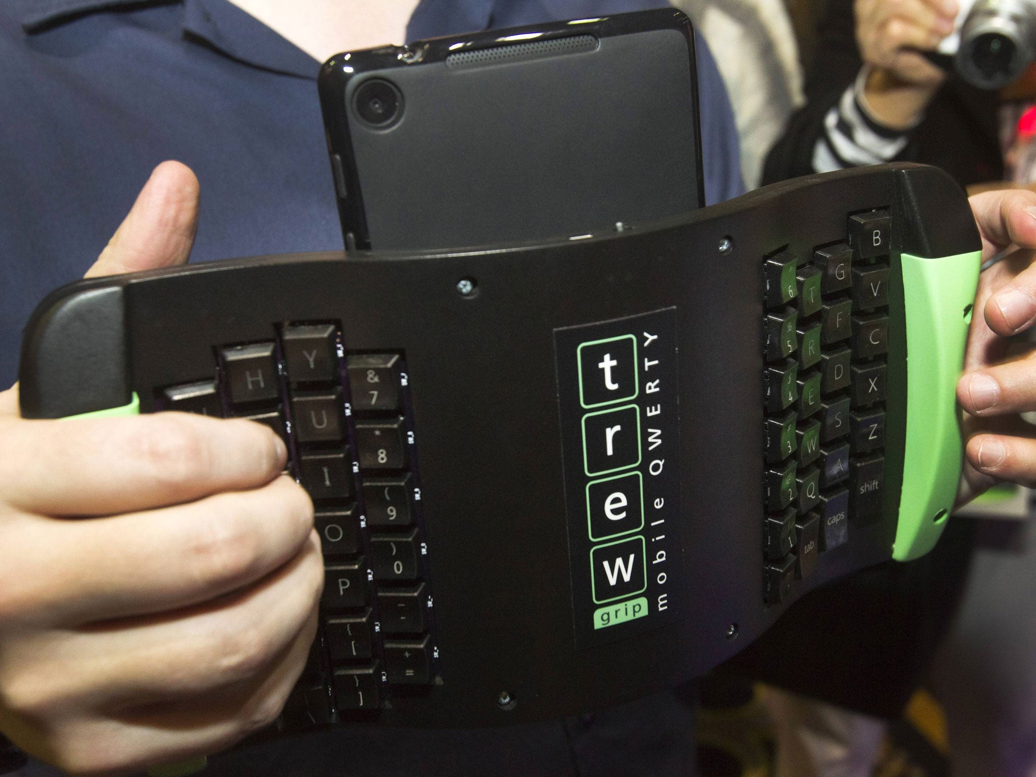 A TREWGrip keyboard: The keys face away from the user but allows people to type and enter data into a tablet while standing up (Reuters)