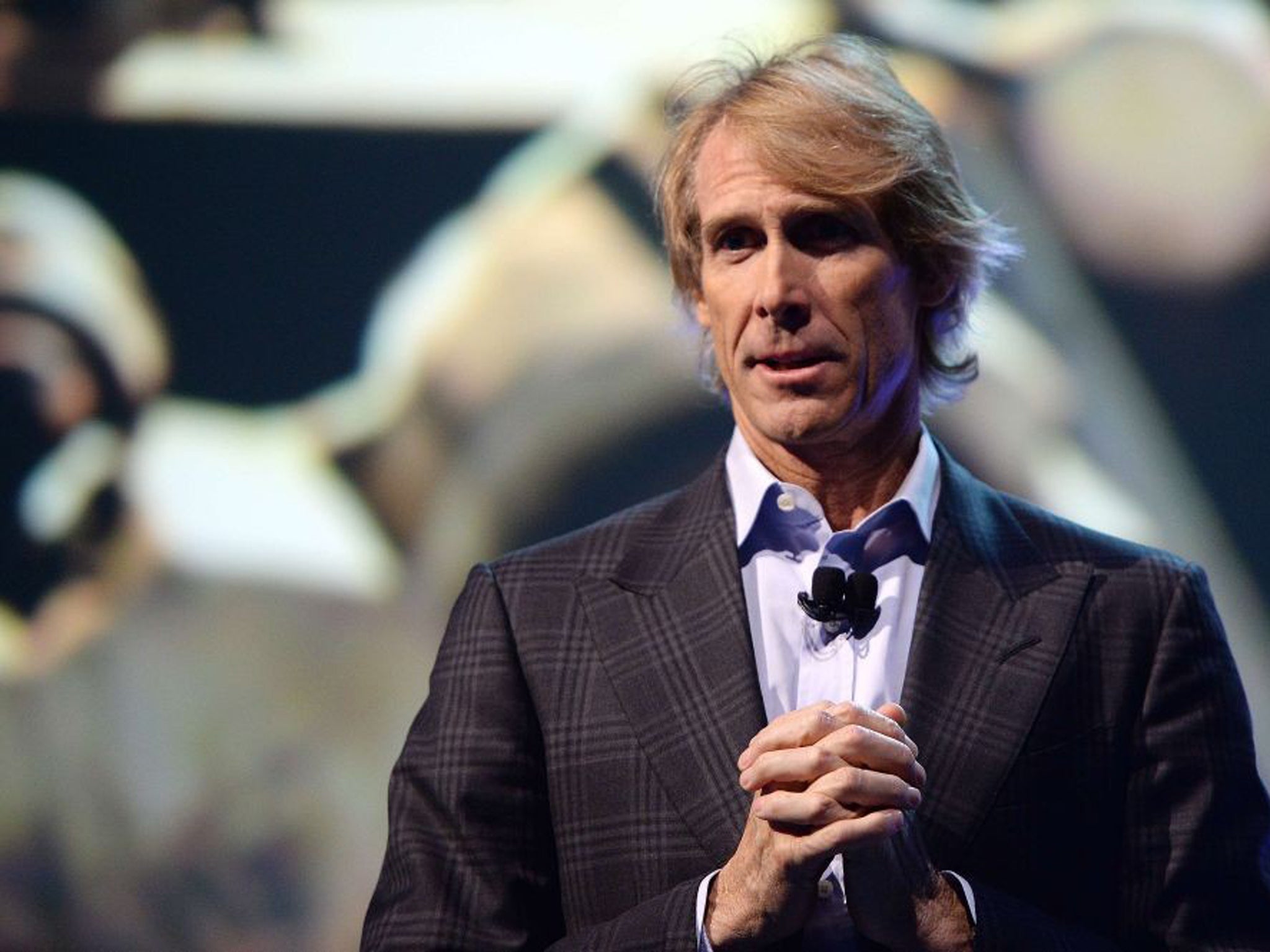 Michael Bay on stage with Samsung VP Joe Stinziano at the Consumer Electronic Show