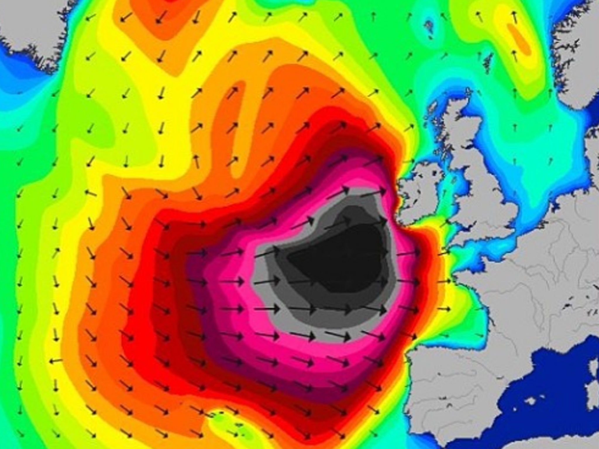 Magic Seaweed shared forecasts showing waves of 50ft+ in the darker shaded areas (Instagram)