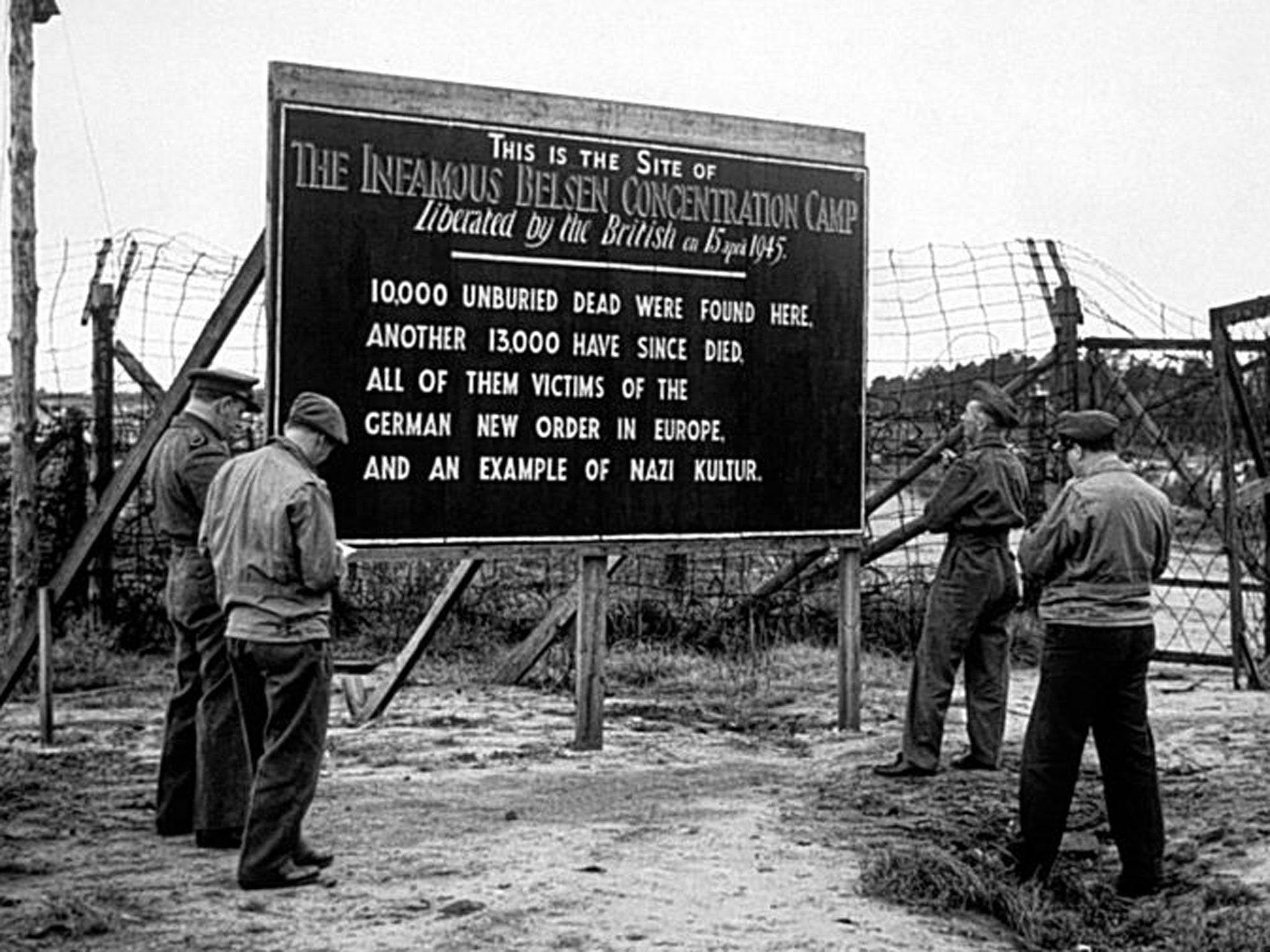 The entrance of the Bergen-Belsen camp pictured in 1945