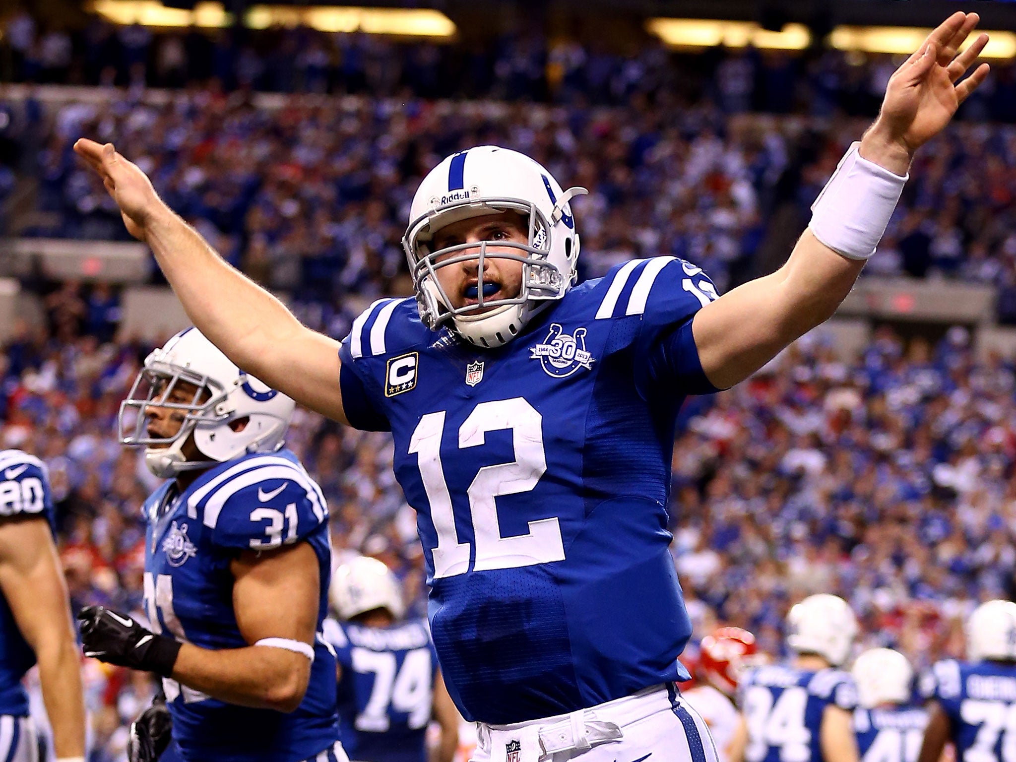 Andrew Luck celebrates after leading the Indianapolis Colts to an unlikely victory against the Kansas City Chiefs