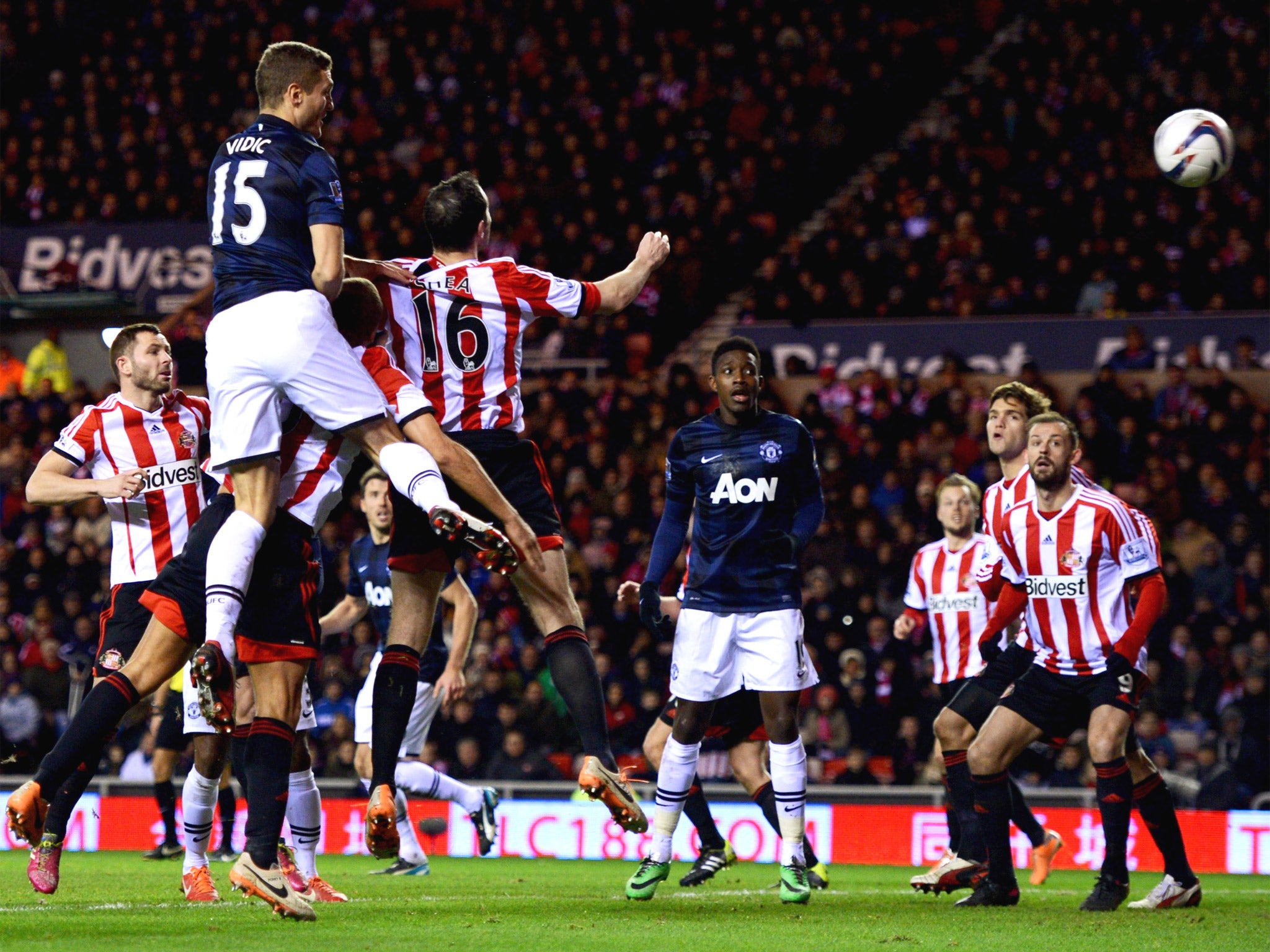 Nemanja Vidic towers above the Sunderland defence to level the score last night