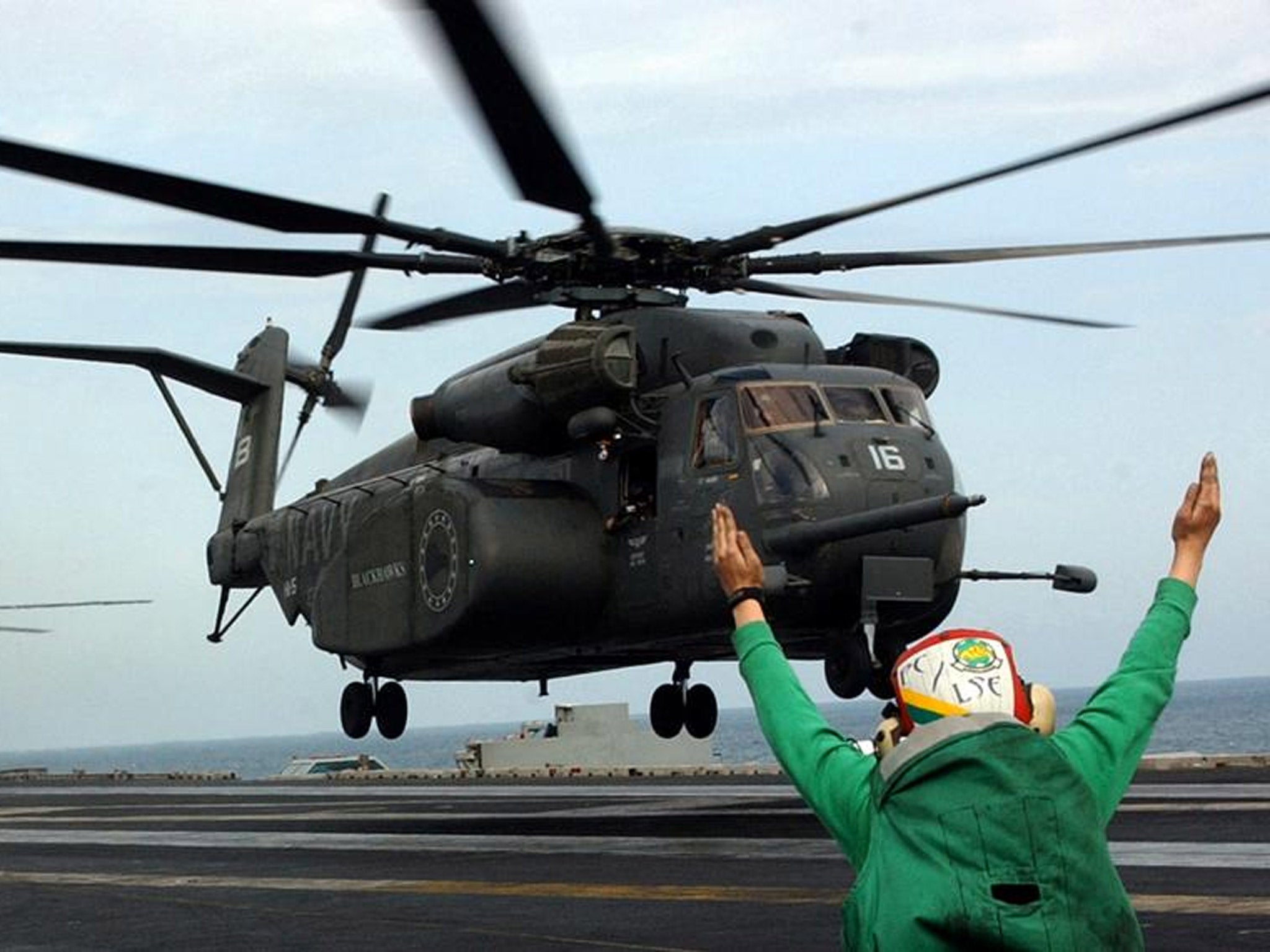 An MH-53-E, like this one pictured, is used to counter airborne mines