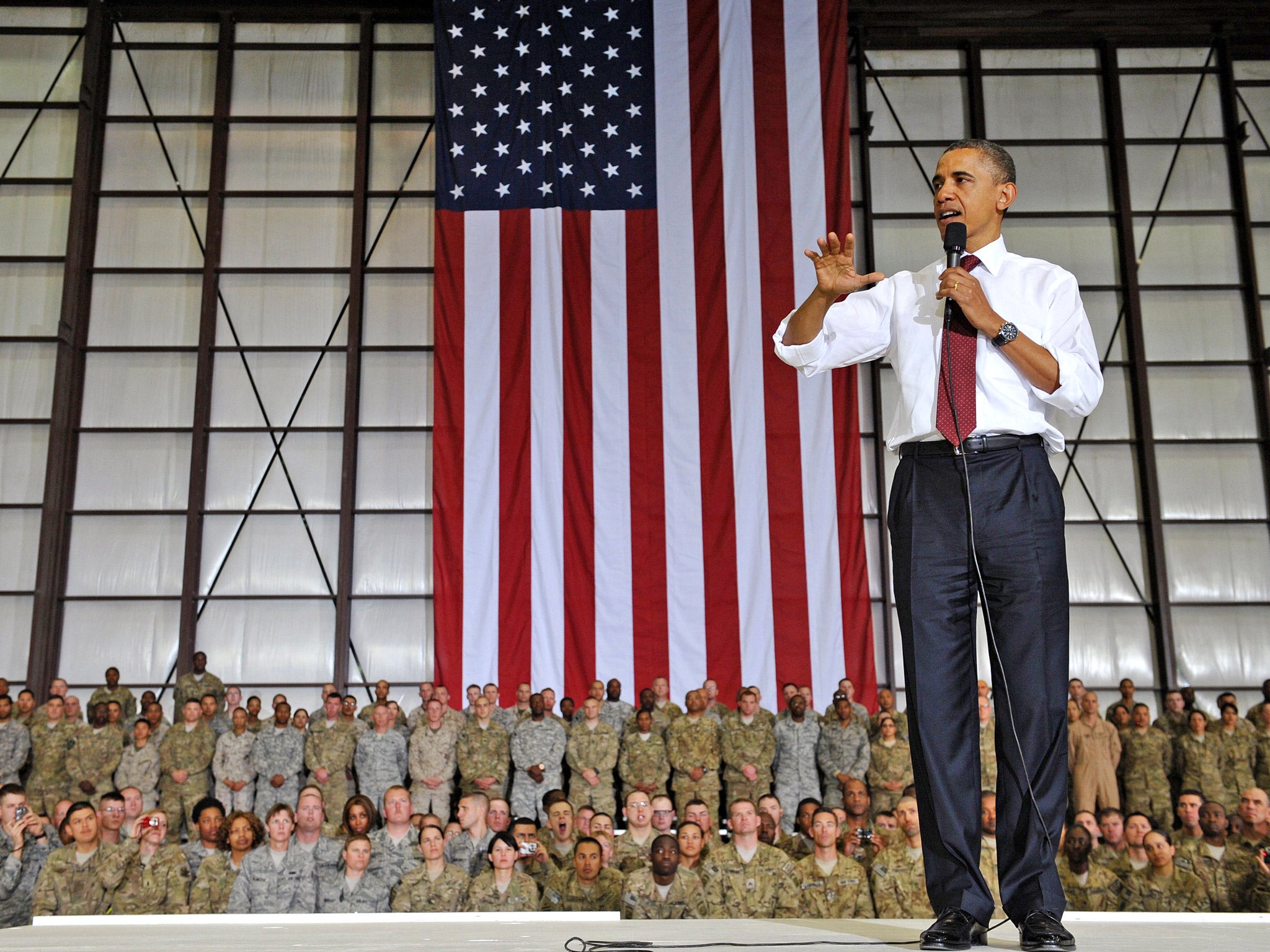 President Obama speaks to troops during a visit to Bagram Air Field in 2012 (Getty)