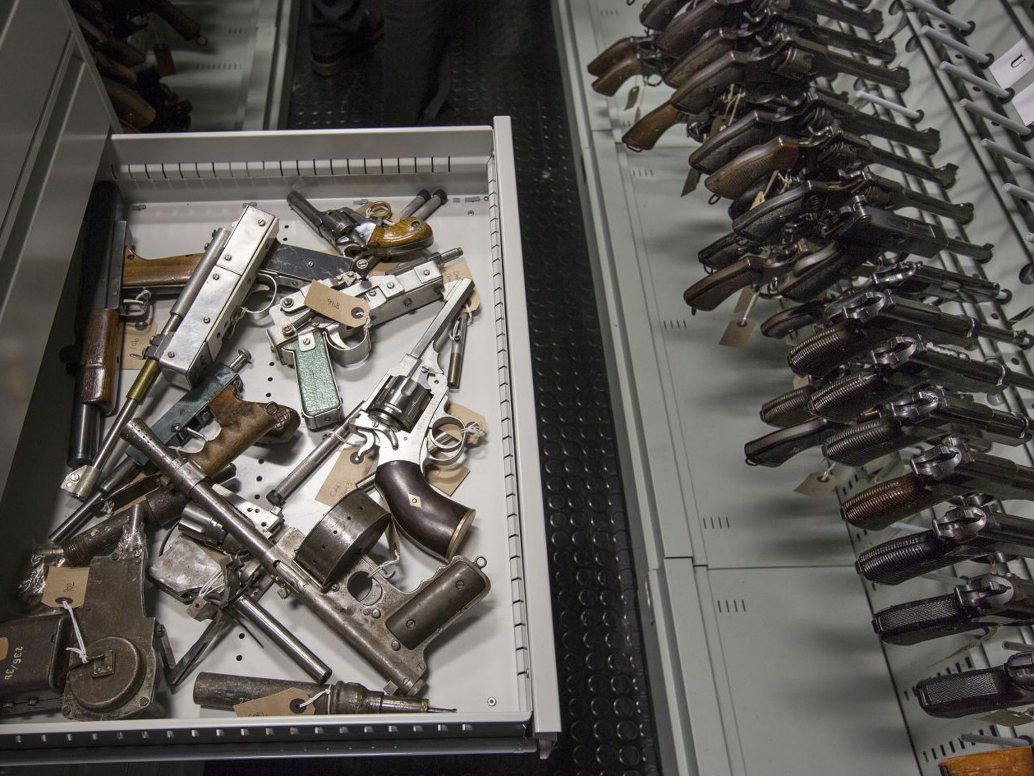 A drawer full of home-made fire arms in the armoury at the National Ballistics Intelligence Service in Birmingham