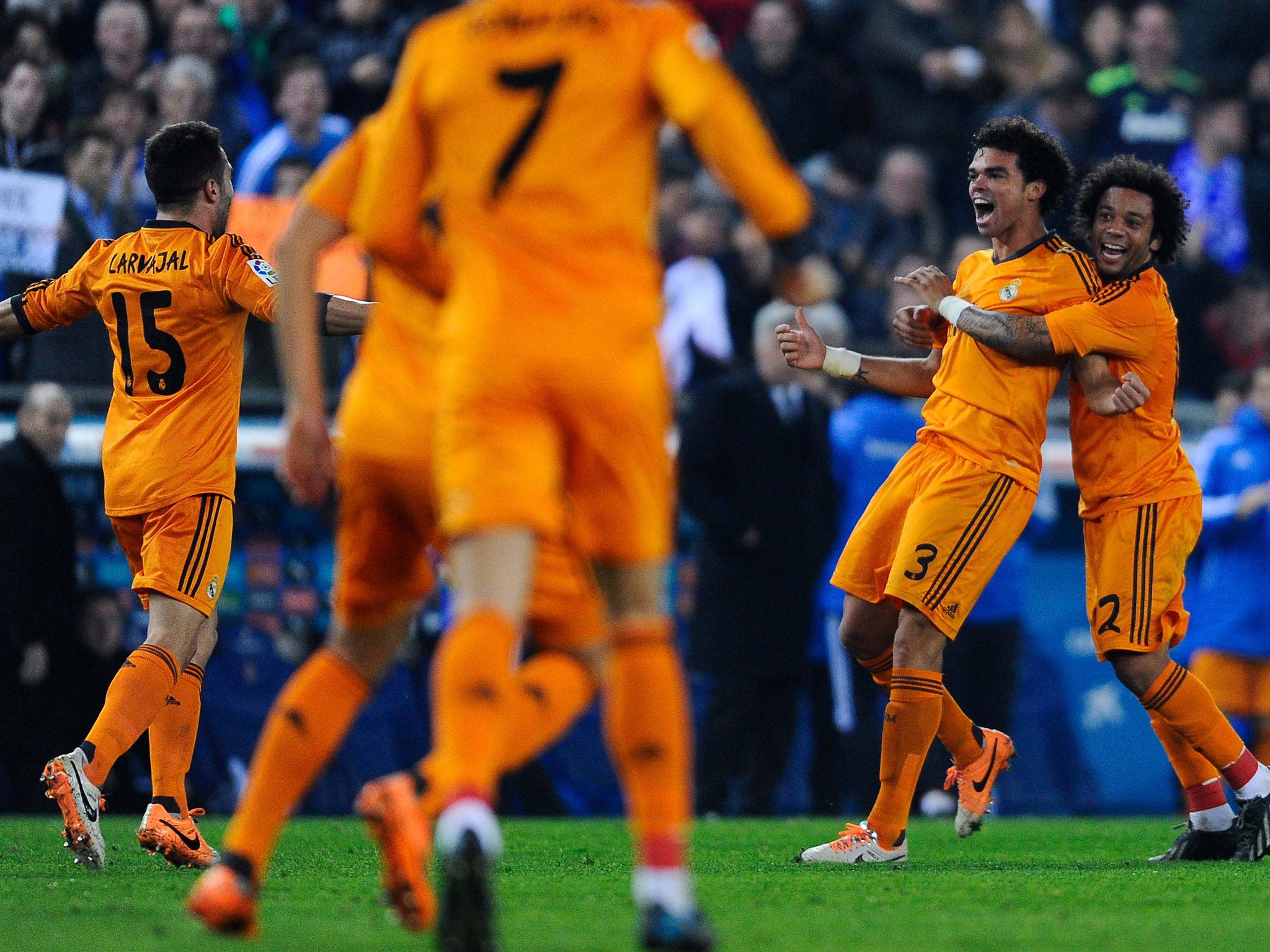 Pepe of Real Madrid celebrates scoring the only goal of the game against Espanyol