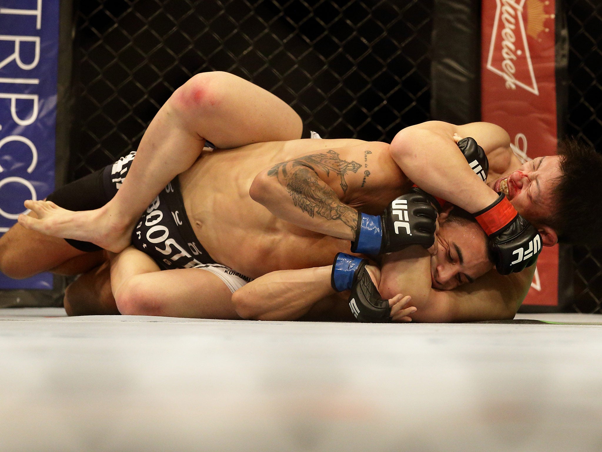 Tatsuya Kawajiri (back) fights Sean Soriano during their UFC Fight Night Singapore featherweight bout at Marina Bay Sands on January 4, 2014 in Singapore