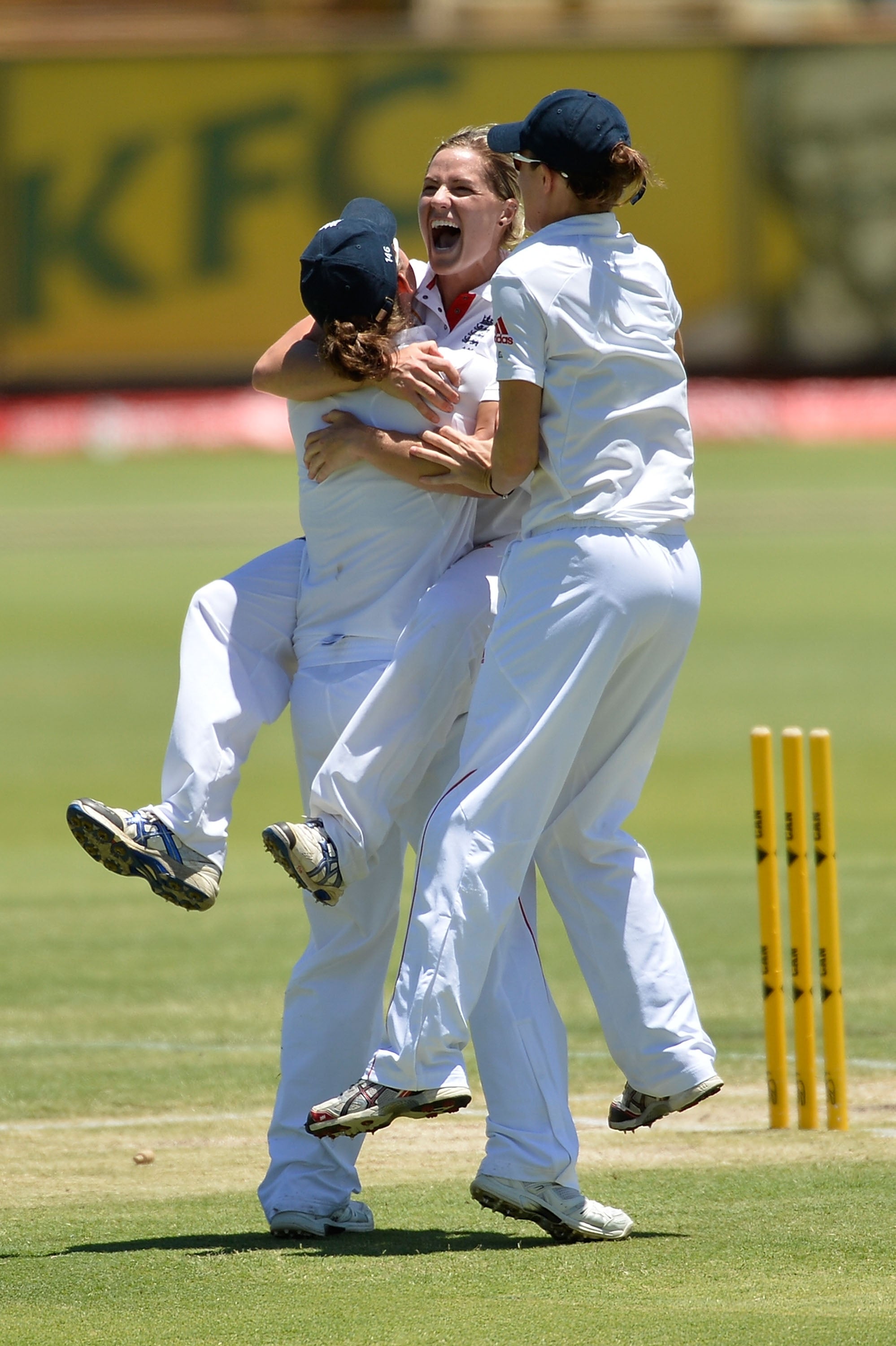 England's Anya Shrubsole celebrates with her team-mates following the Ashes Test victory over Australia in Perth