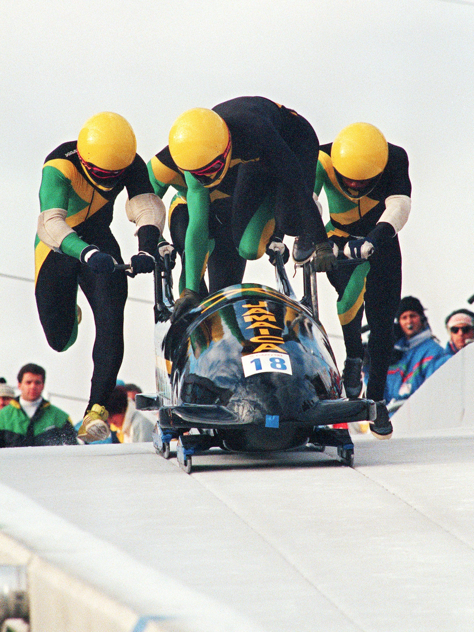 The Jamaica team that inspired the movie Cool Runnings pictured competing in 1988