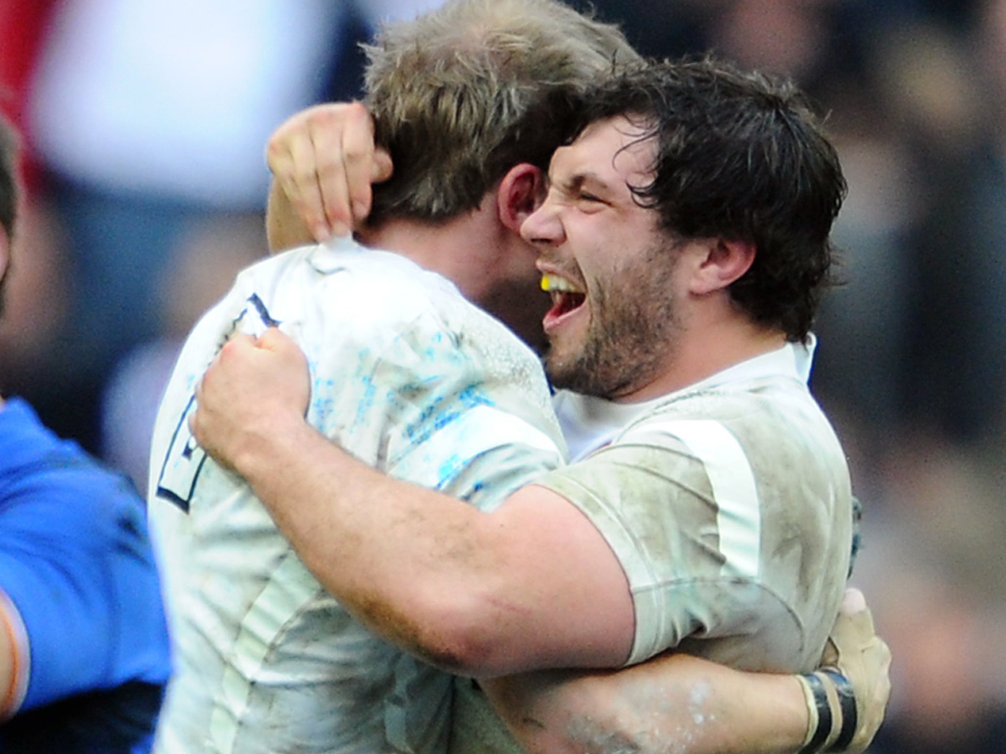 Alex Corbisiero (right) and Tom Croft celebrate England’s 2012 win in France. Nick Easter is confident of a repeat this year