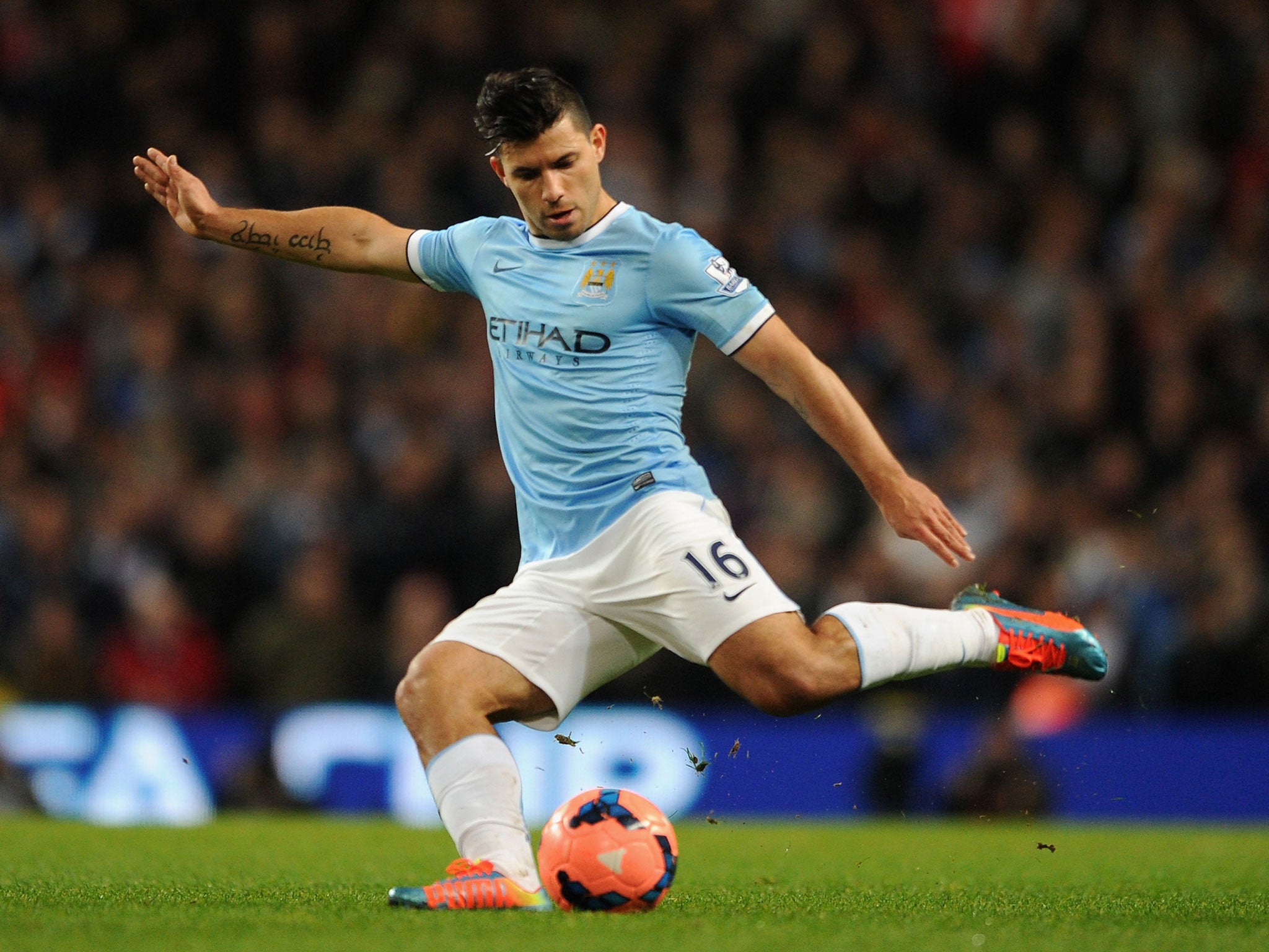 Sergio Aguero shoots during the 5-0 win over Blackburn Rovers after an eight-match absence for Manchester City