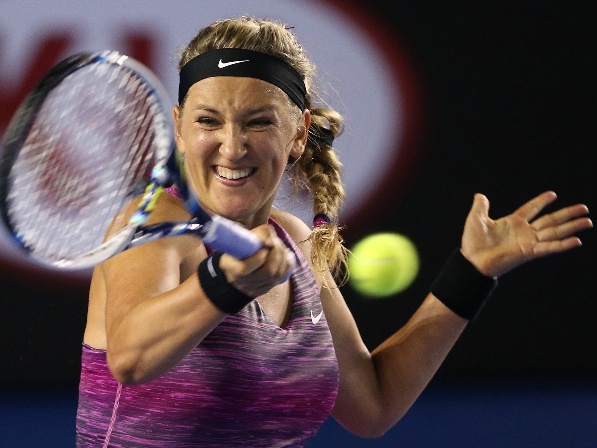 Victoria Azarenka of Belarus plays a forehand in her second round victory over Barbora Zahlavova Strycova of the Czech Republic