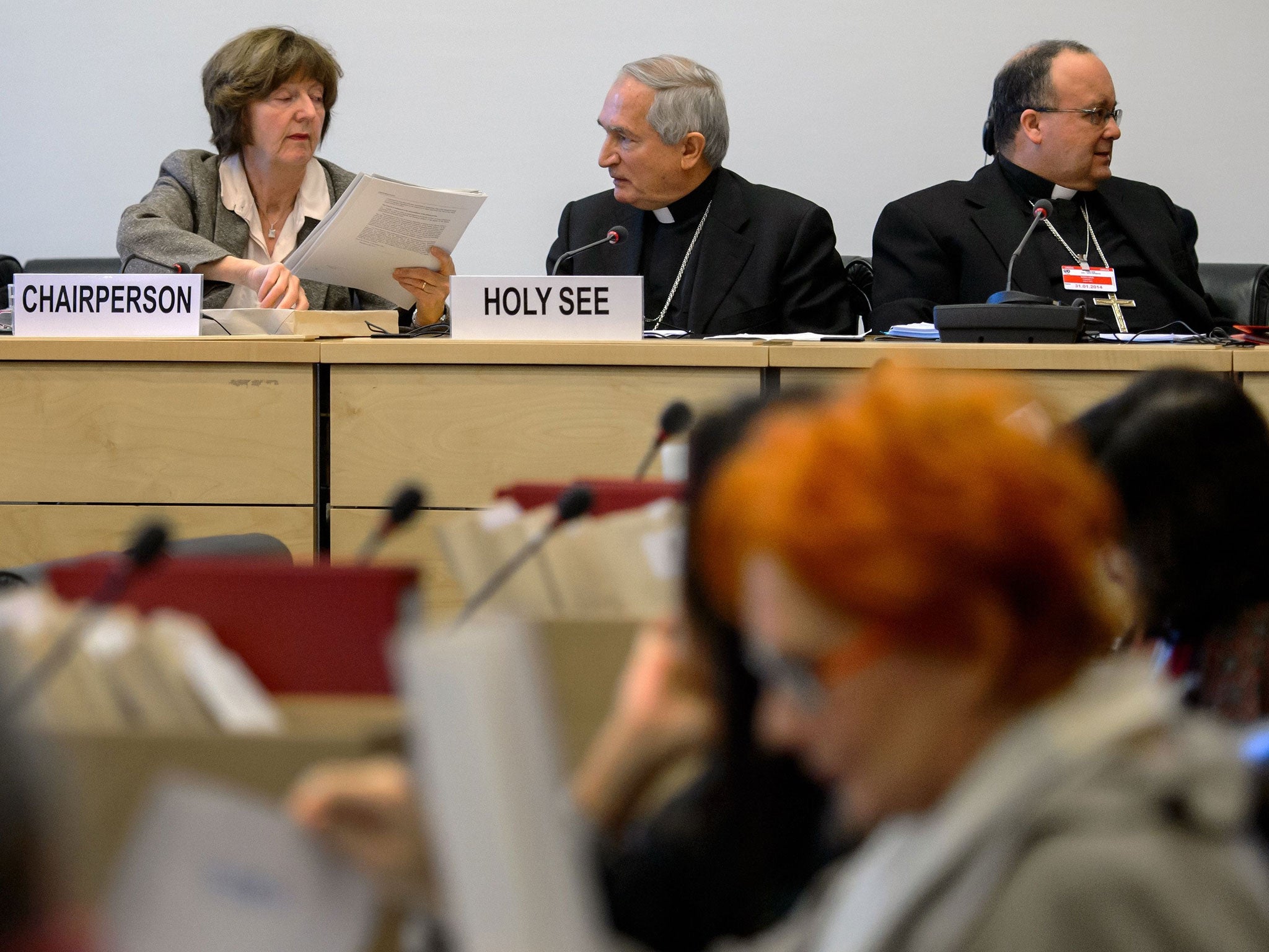 Chairperson Norwegian Kirsten Sandberg, Vatican's UN Ambassador Monsignor Silvano Tomasi and Former Vatican Chief Prosecutor of Clerical Sexual Abuse Charles Scicluna. The Vatican was pushed for the first time to provide answers to the UN over its commitm