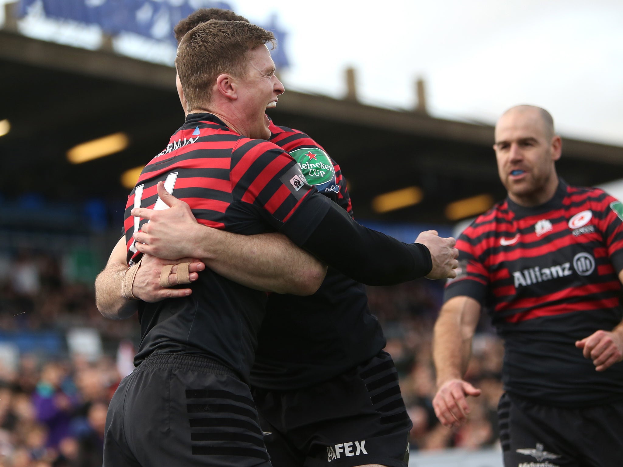 Chris Ashton celebrates with his Saracens teammates during the Heineken Cup win over Connacht