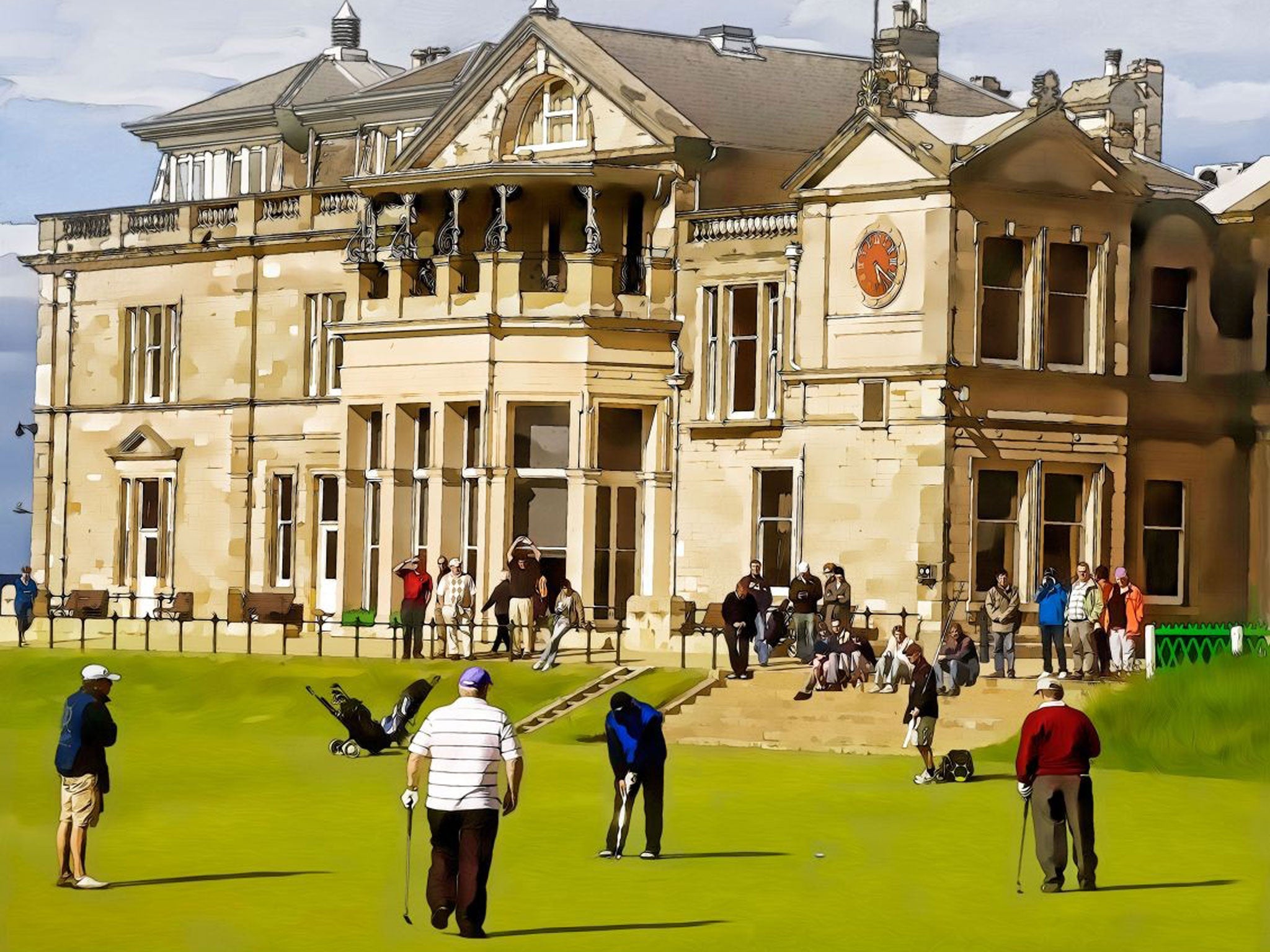 Men only? St Andrews golfers at the 18th green