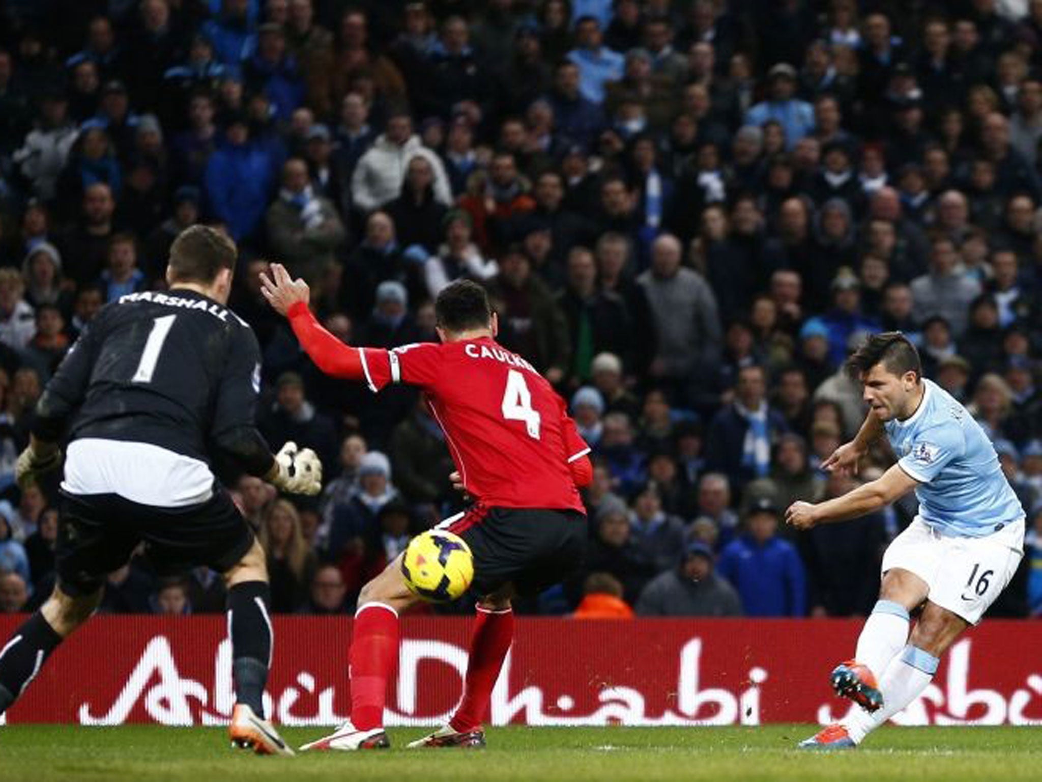 Power surge: Sergio Aguero fires in the last of City’s goals against Cardiff as they extended a formidable home record yesterday