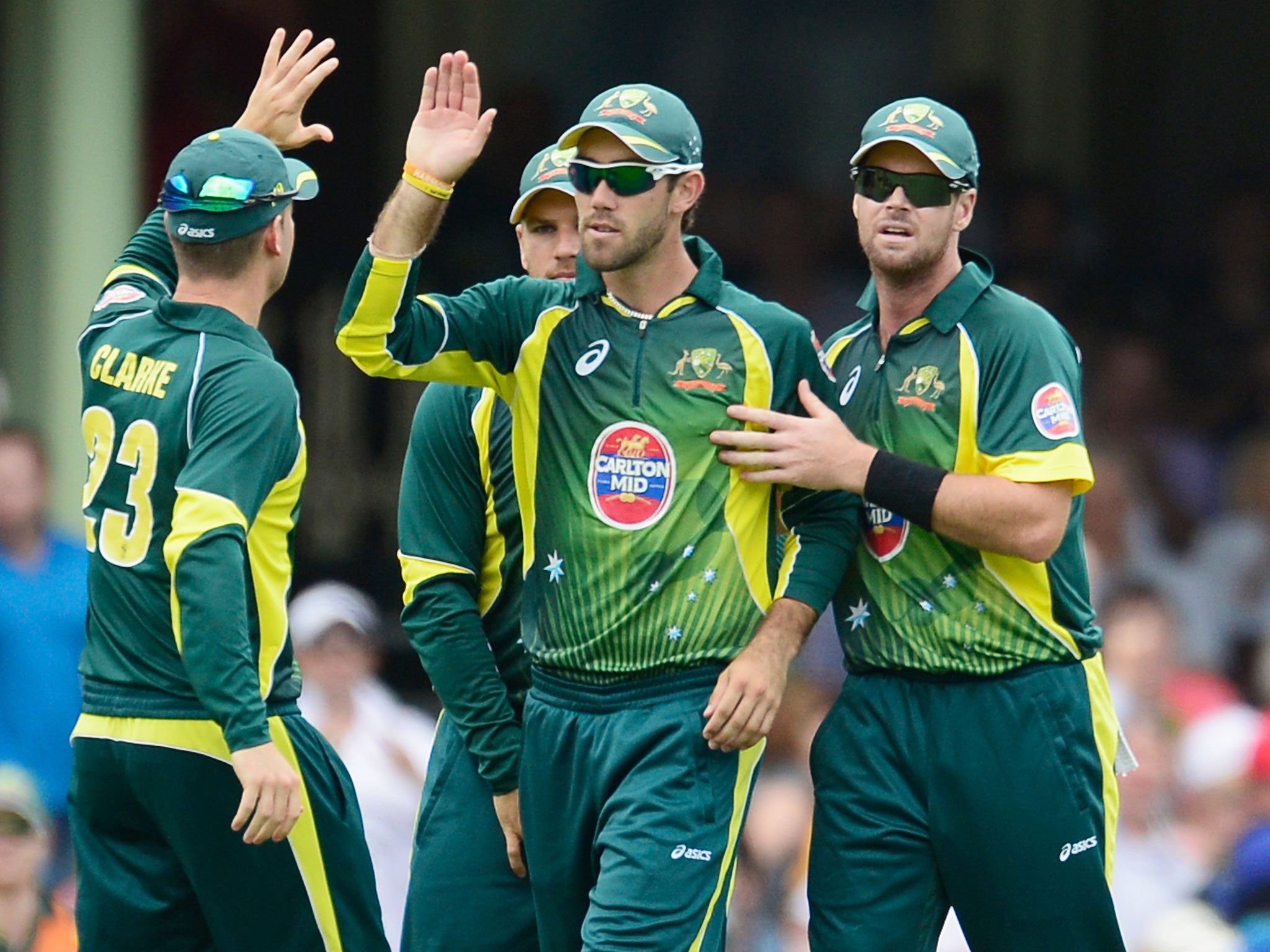 Glenn Maxwell (centre) celebrates after taking a catch to dismiss Cook on Sunday