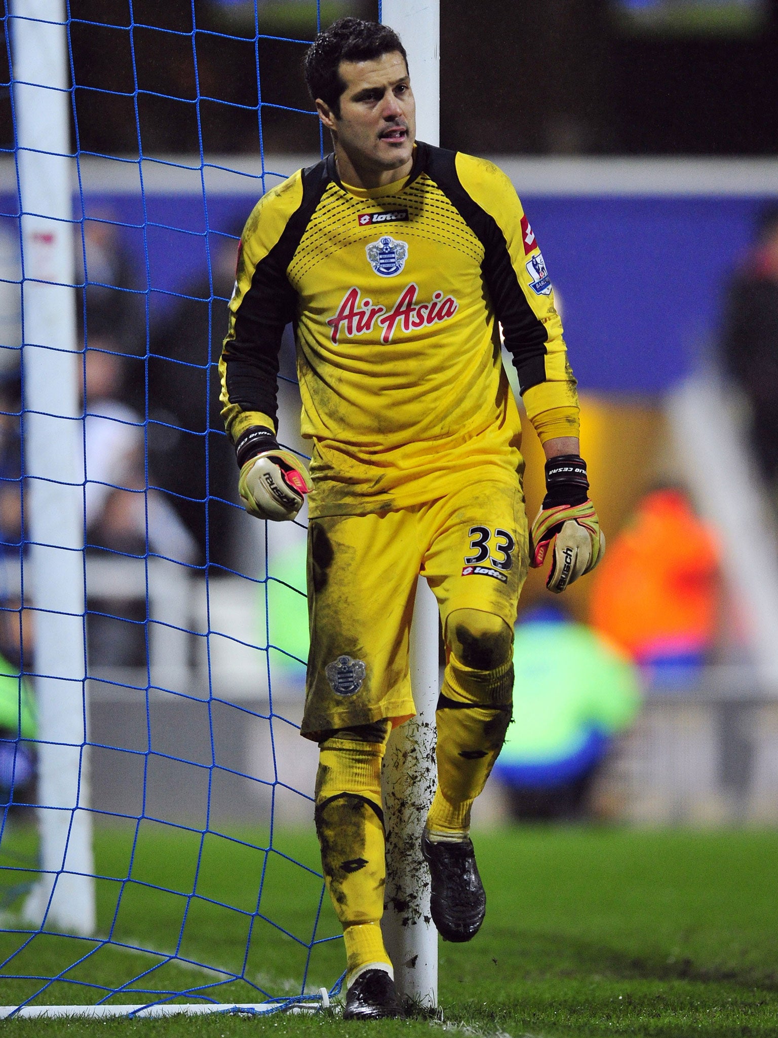 A sight seldom seen this season – Julio Cesar muddied up in action for Queen’s Park Rangers