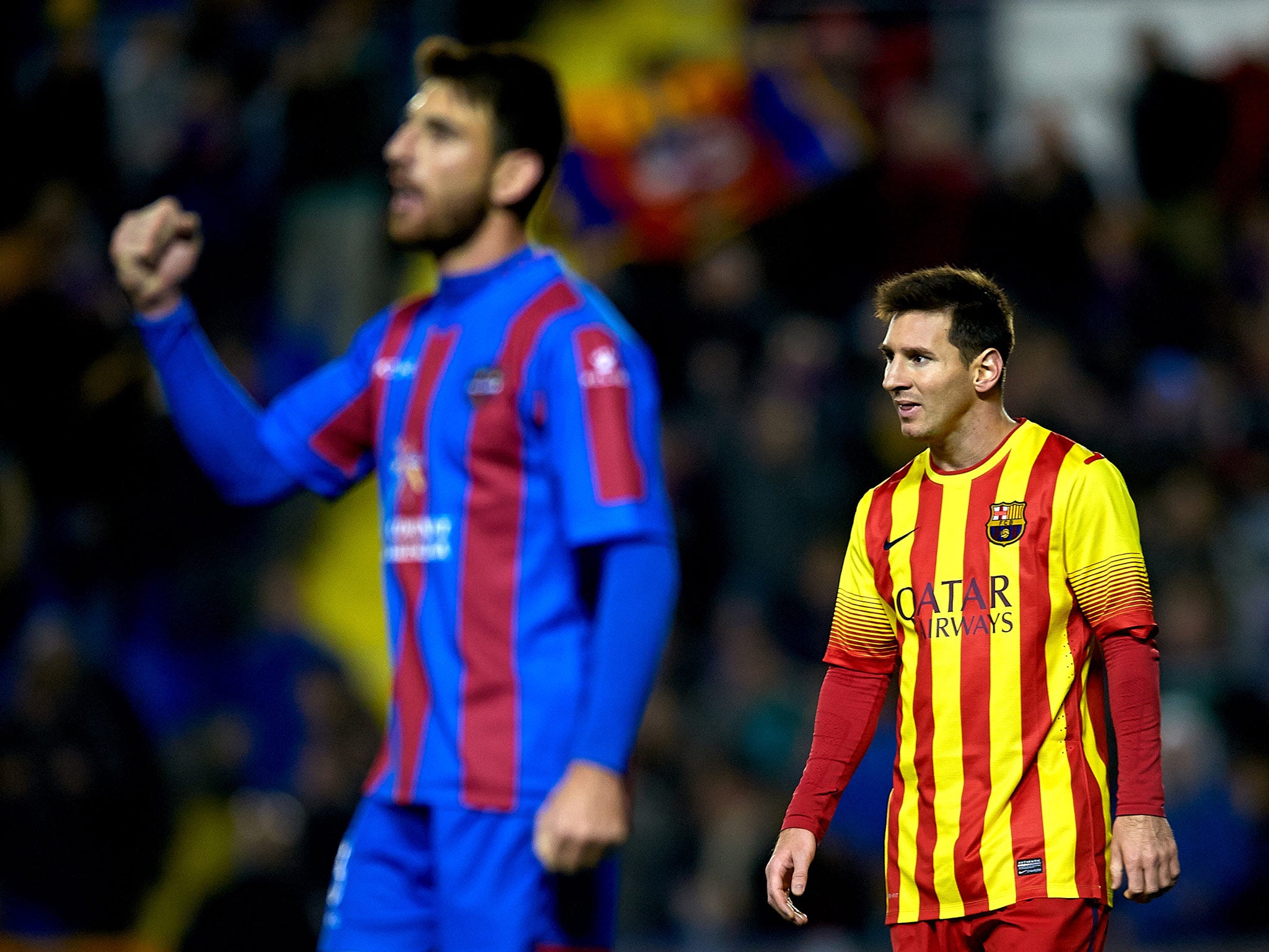 Lionel Messi of Barcelona looks on after the la Liga match between Levante UD and FC Barcelona at Ciutat de Valencia ended 1-1