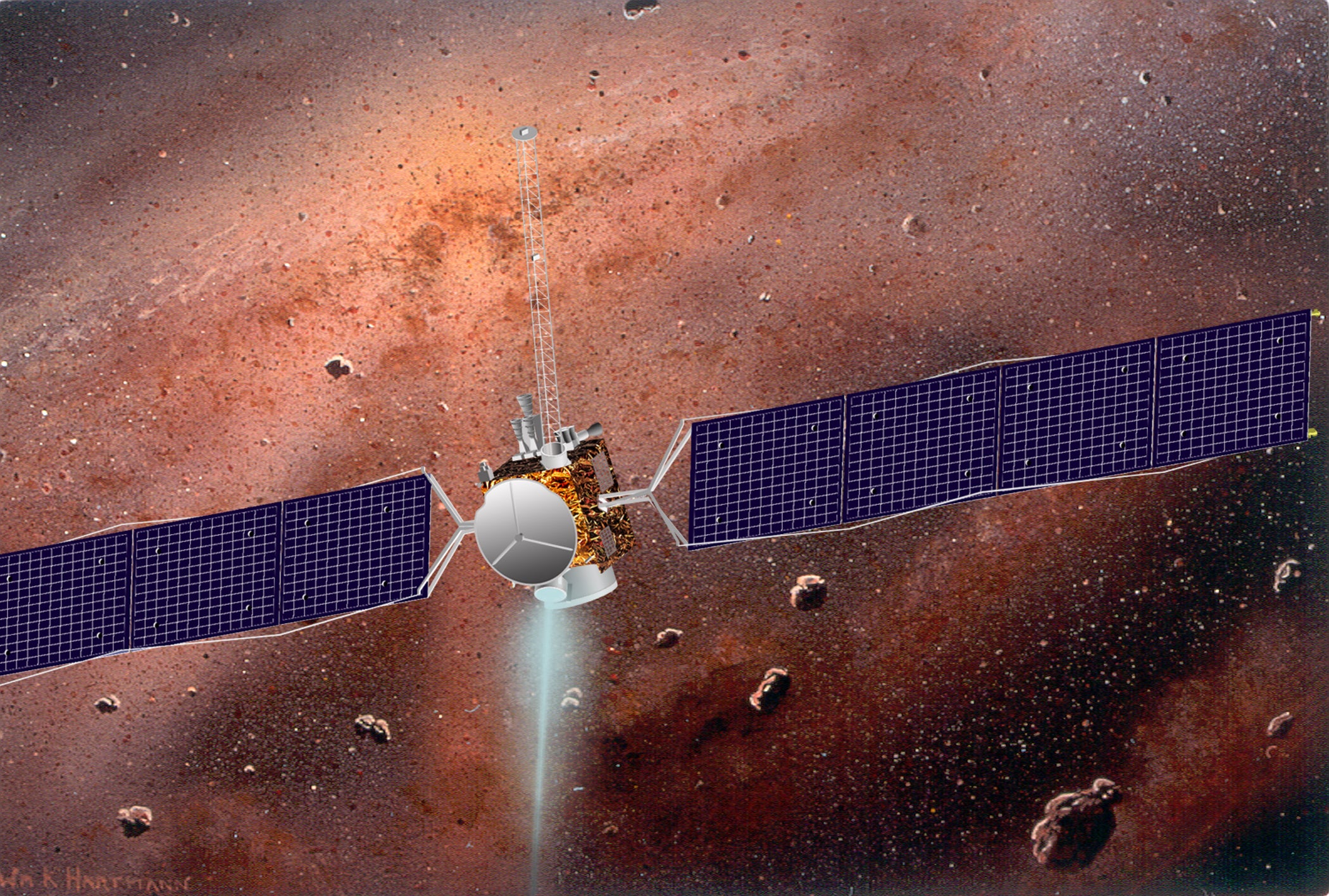 An artists's illustration shows the Dawn spacecraft in an asteroid belt.