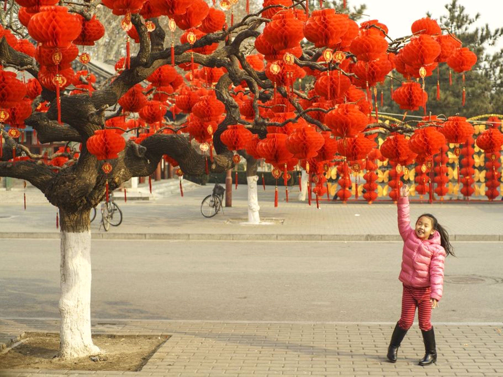 A girl explores red lanterns decorations prepared for Chinese Spring Festival or Lunar New Year in Beijing