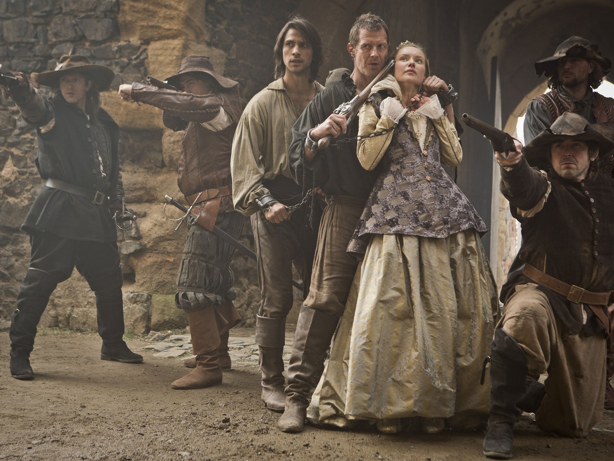 Chain reaction: Luke Pasqualino, Jason Flemying and Alexandra Dowling in ‘The Musketeers’