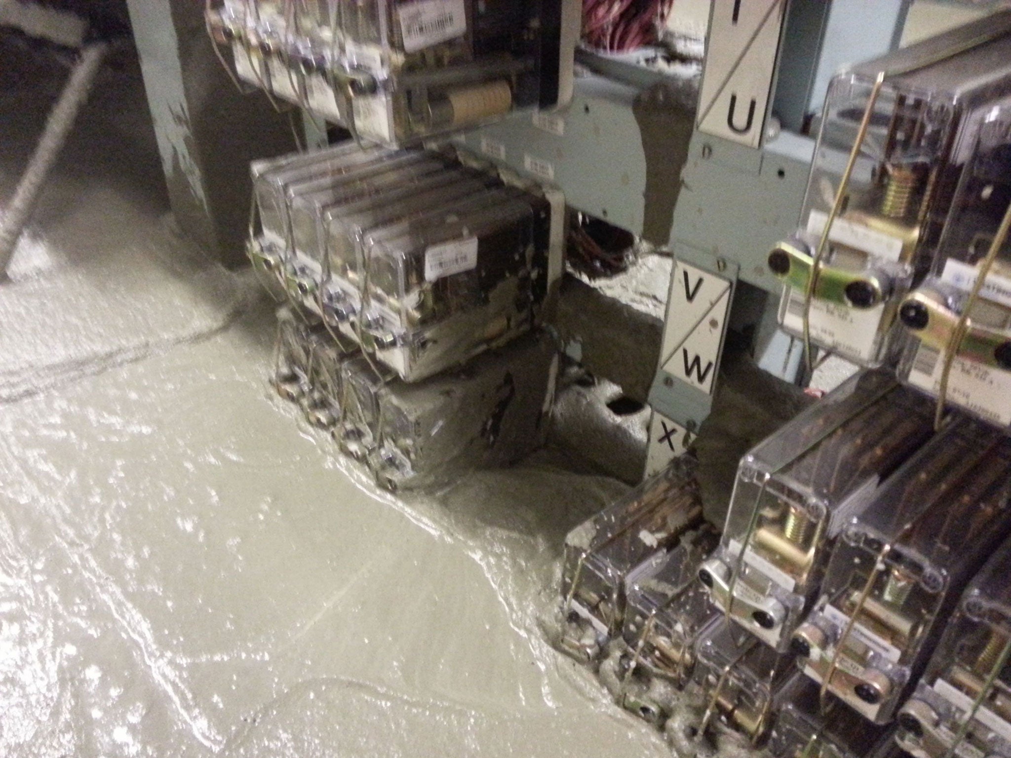 The damage caused by a cement leak to a signal control room at Victoria Station