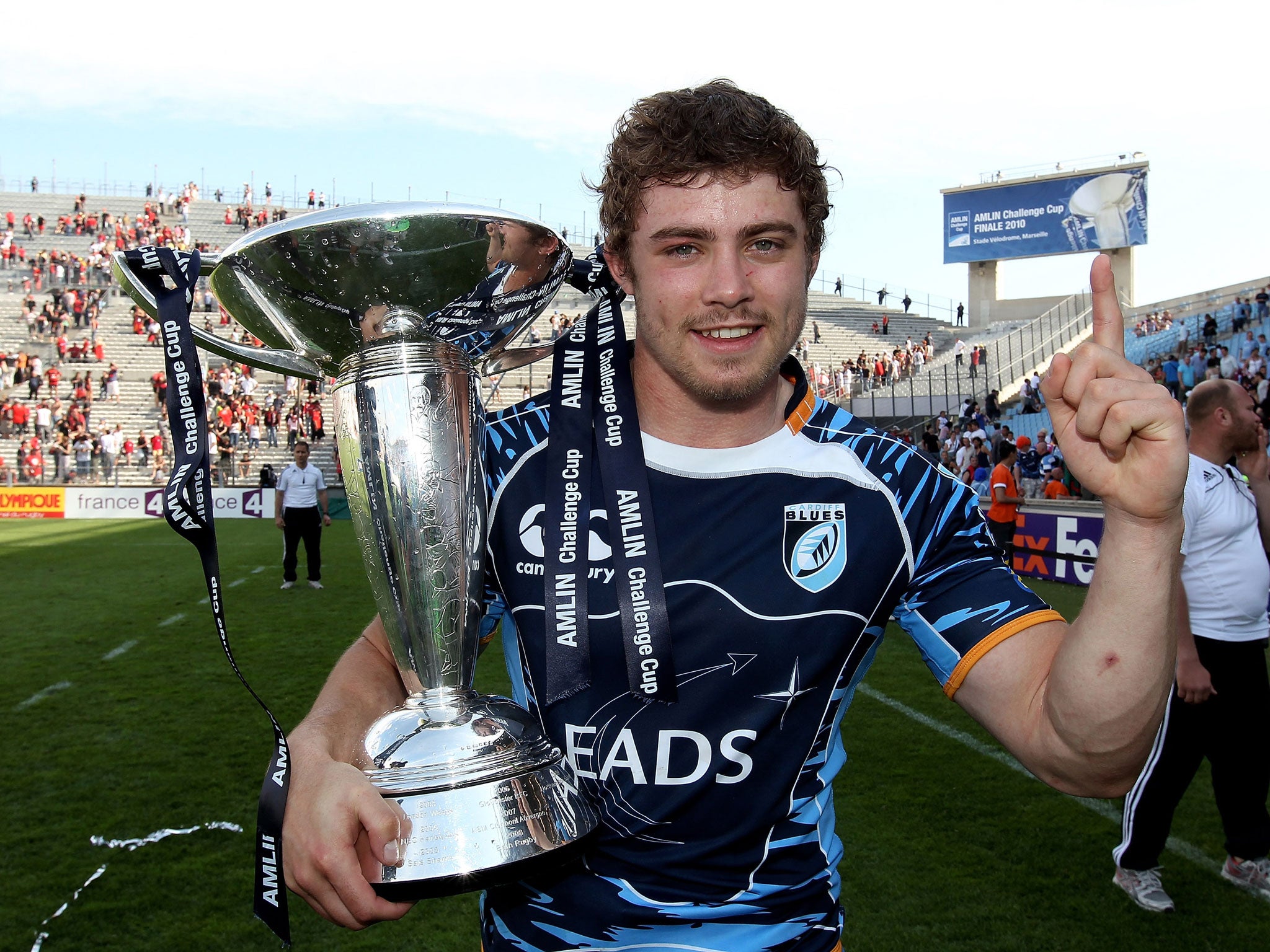 Leigh Halfpenny celebrates Cardiff's Amlin Challenge Cup final win over Toulon in 2010