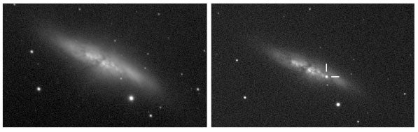 The M82 Galaxy - before and after. The crosshairs in the picture on the right show the appearance of the supernova. Image credit: UCL/Steve Fossey/Ben Cooke/Guy POllack/Matthew Wilde/Thomas Wright