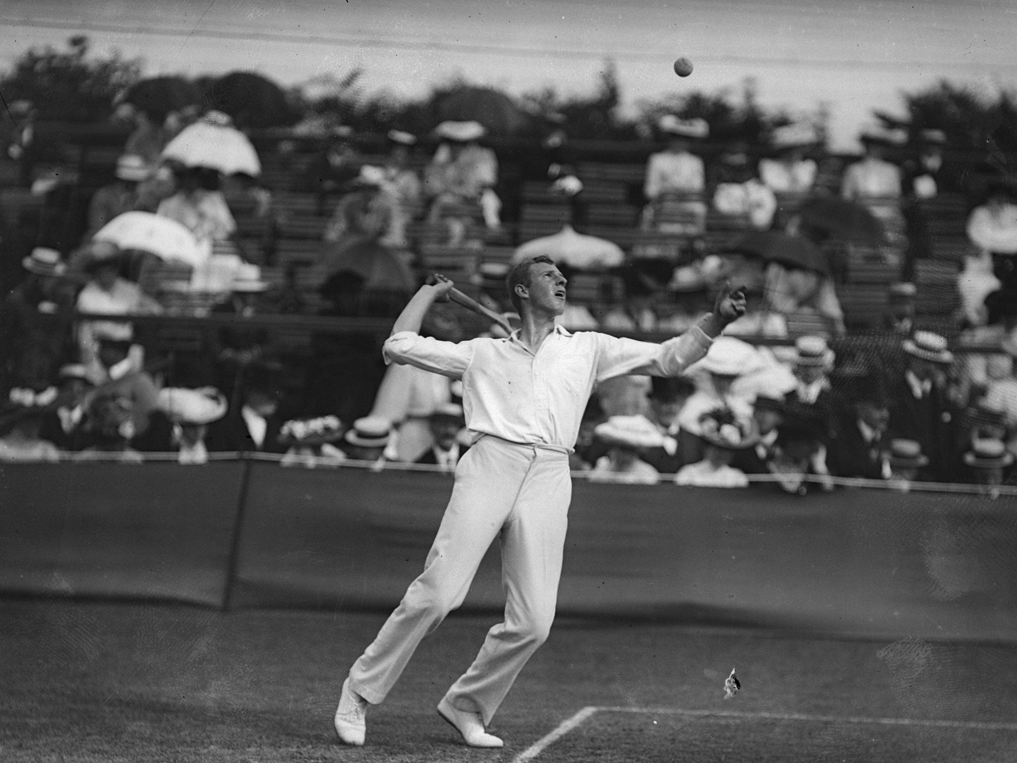 July 1908: Anthony Wilding of New Zealand in action during the tennis championships at Wimbledon