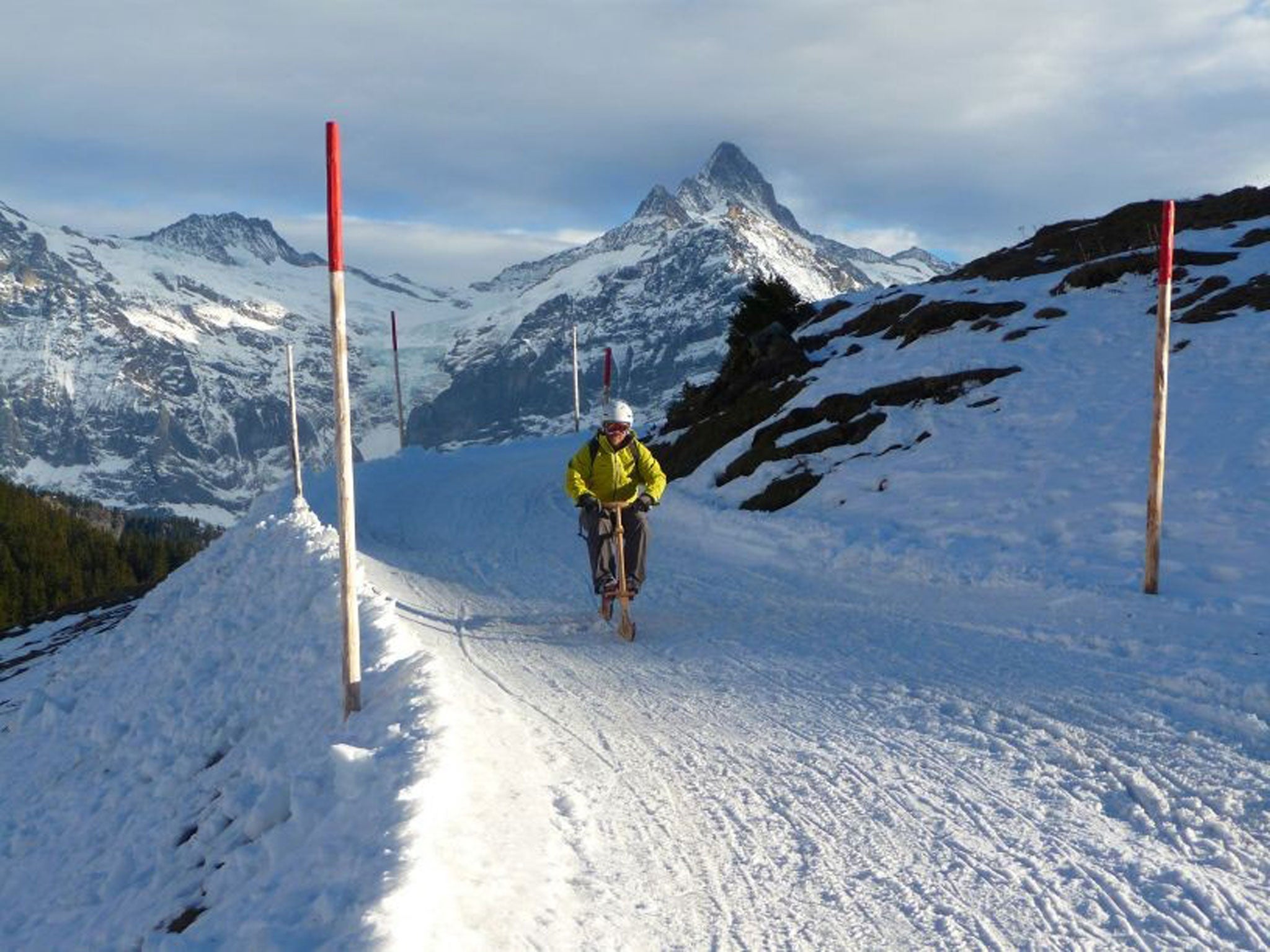 On track: Trying out a velogemel on the slopes near the Swiss resort of Grindelwald