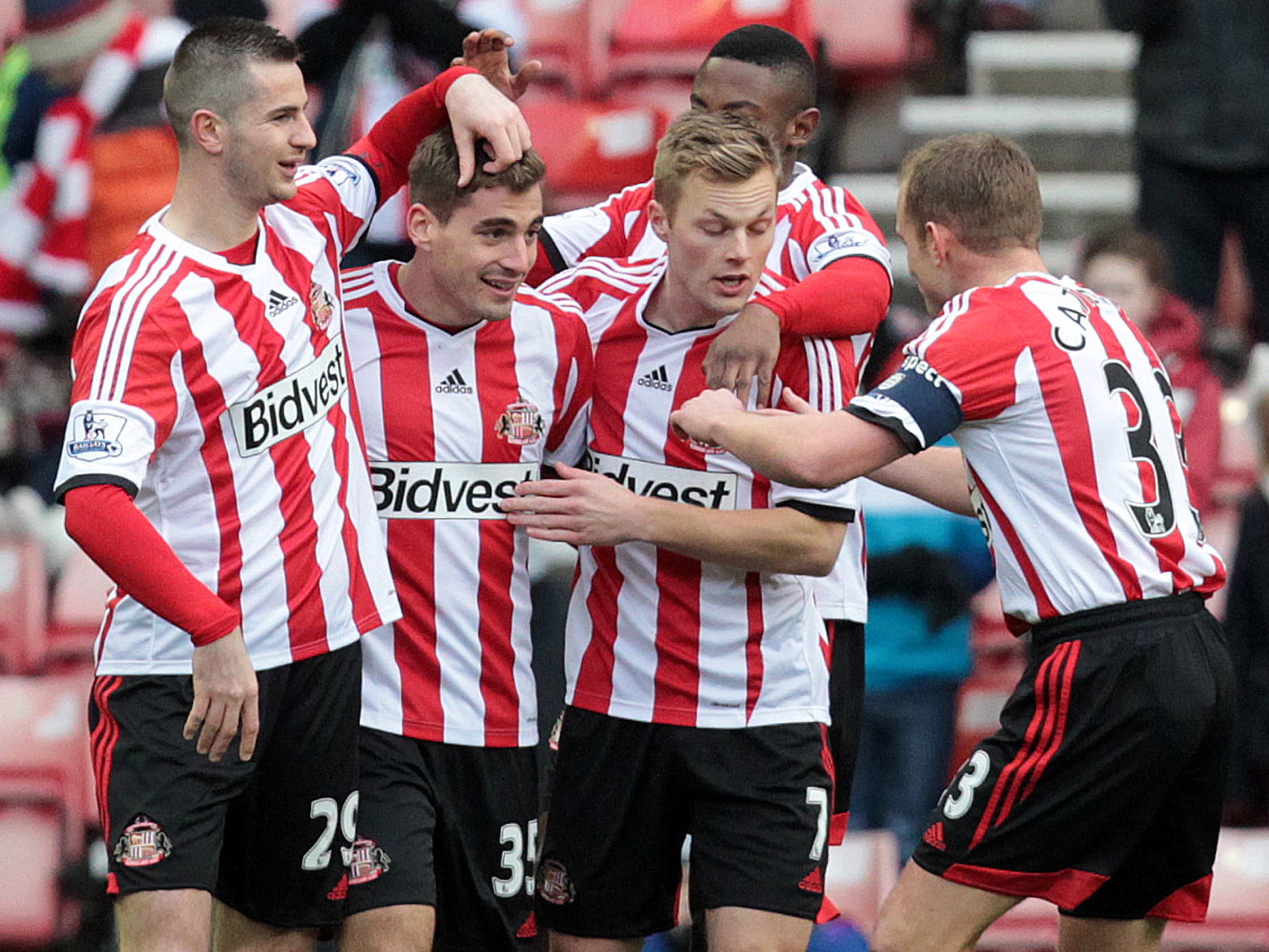 Charis Mavrias celebrates with his Sunderland team-mates after scoring against Kidderminster