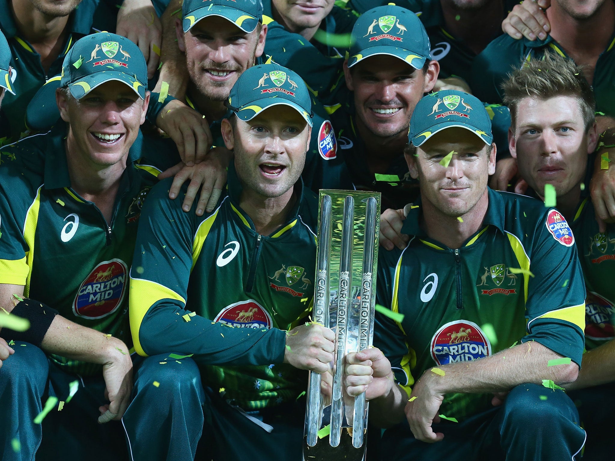 The Australian team celebrate after the end of the ODI series